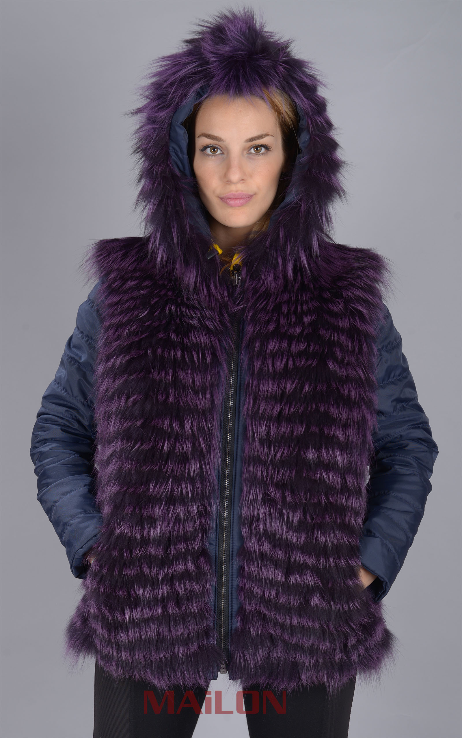 Hooded Reversible Purple Feather Fox Fur Jacket
