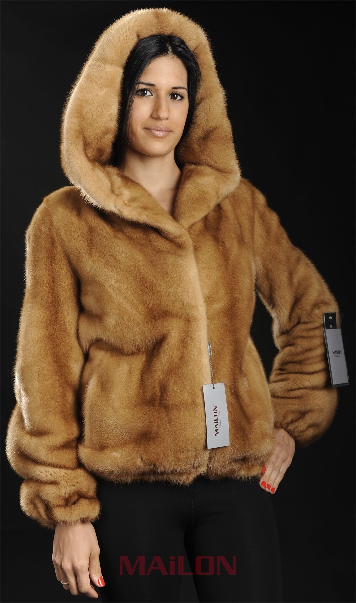 Hooded Golden Mink Fur Jacket with elastic on sleeves & waist