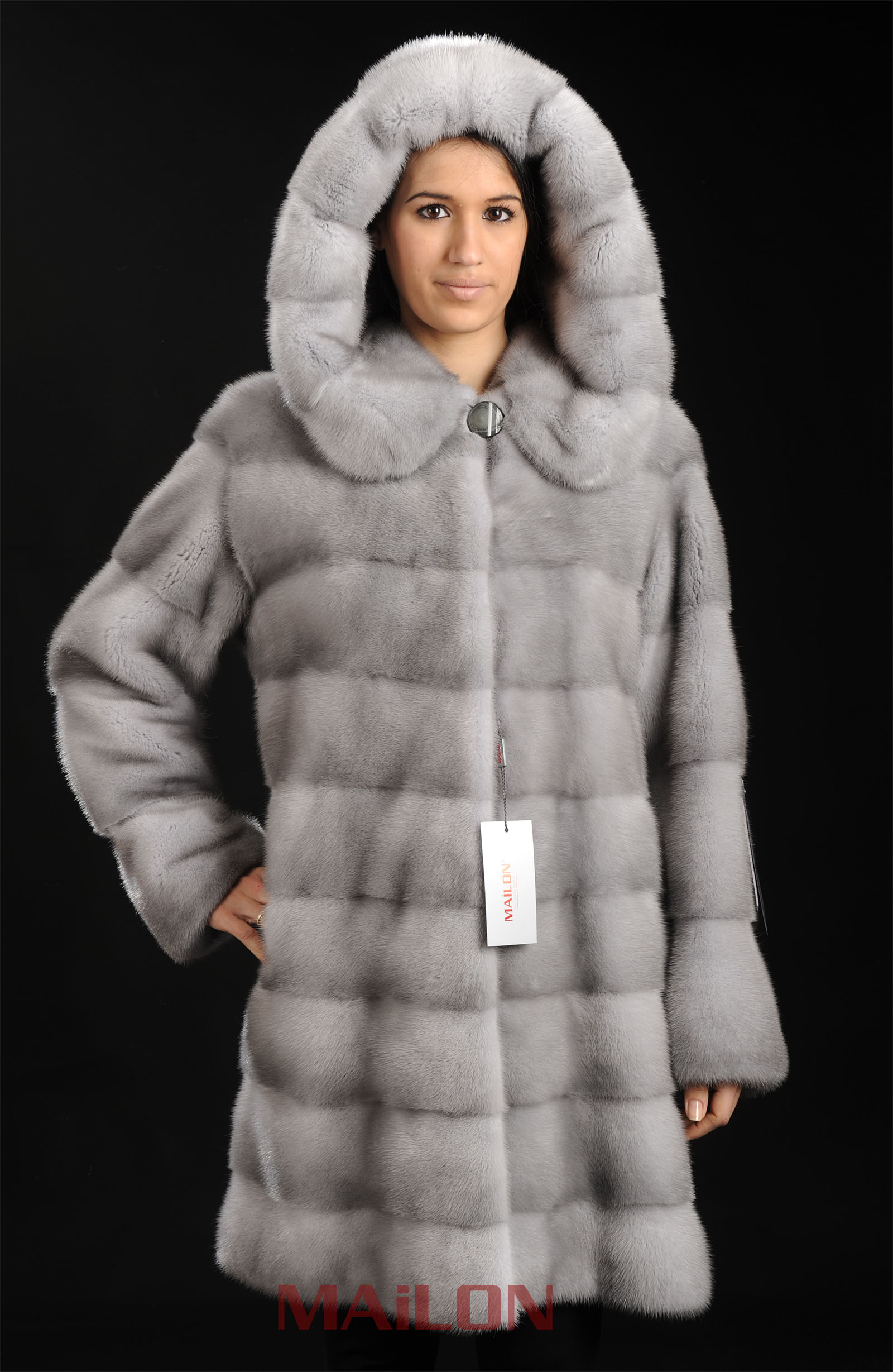 Hooded Sapphire Mink Furs Coat with pelts across