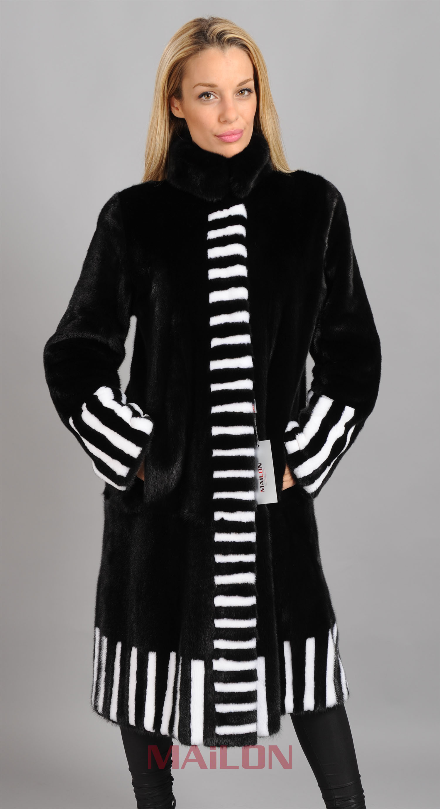 Saga Black mink coat with white mink trim - Size Small/Medium