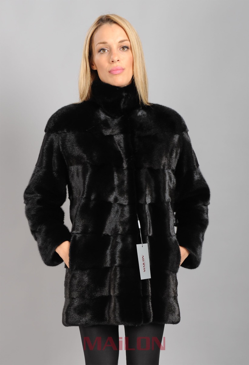 Black SAGA mink fur jacket with pelts across