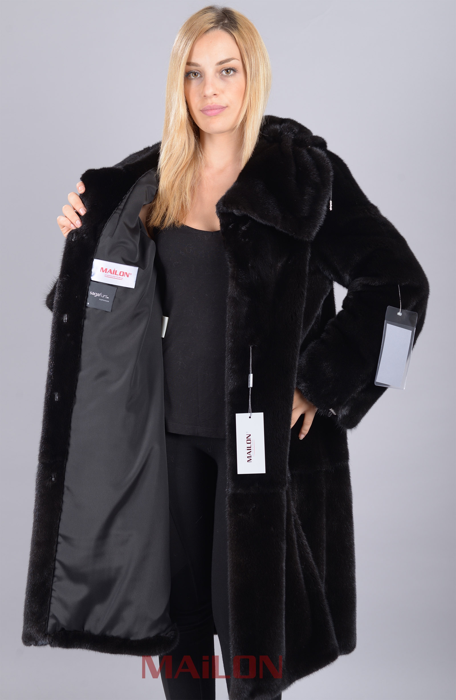 New Black SAGA mink fur coat - skin on skin