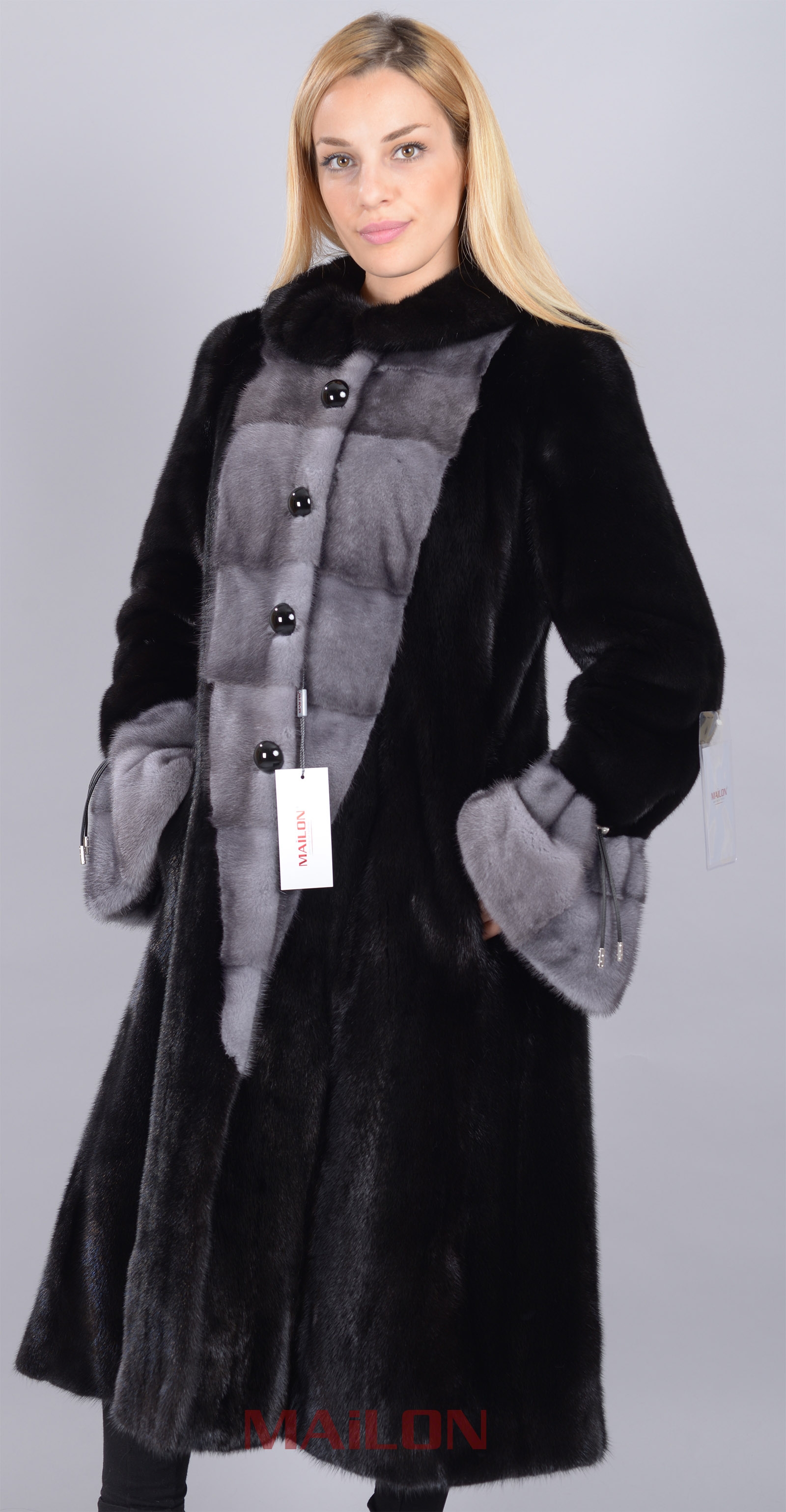 SAGA Let out Black Mink Coat with Blue Iris Mink Trim - Size Medium