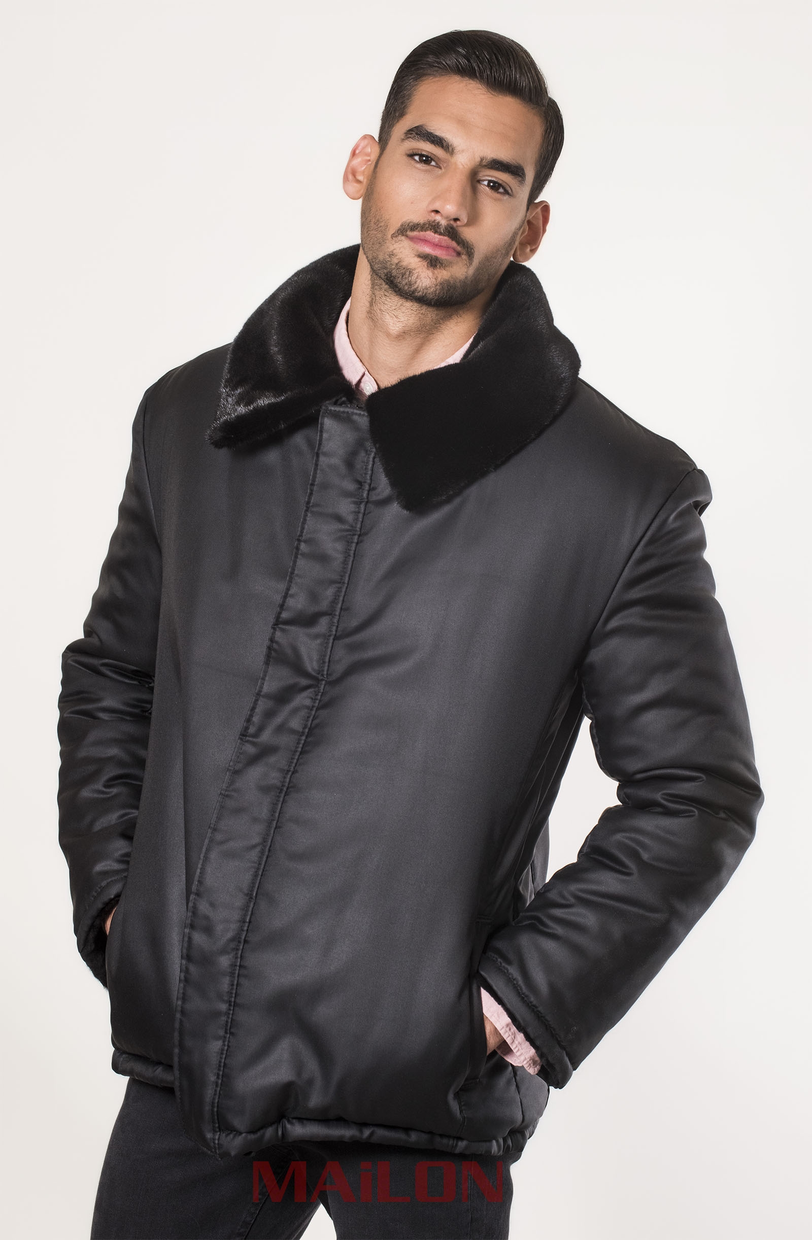 Mens Black Jacket with Sheared Black Mink Fur Interior/Lining & Blackglama collar