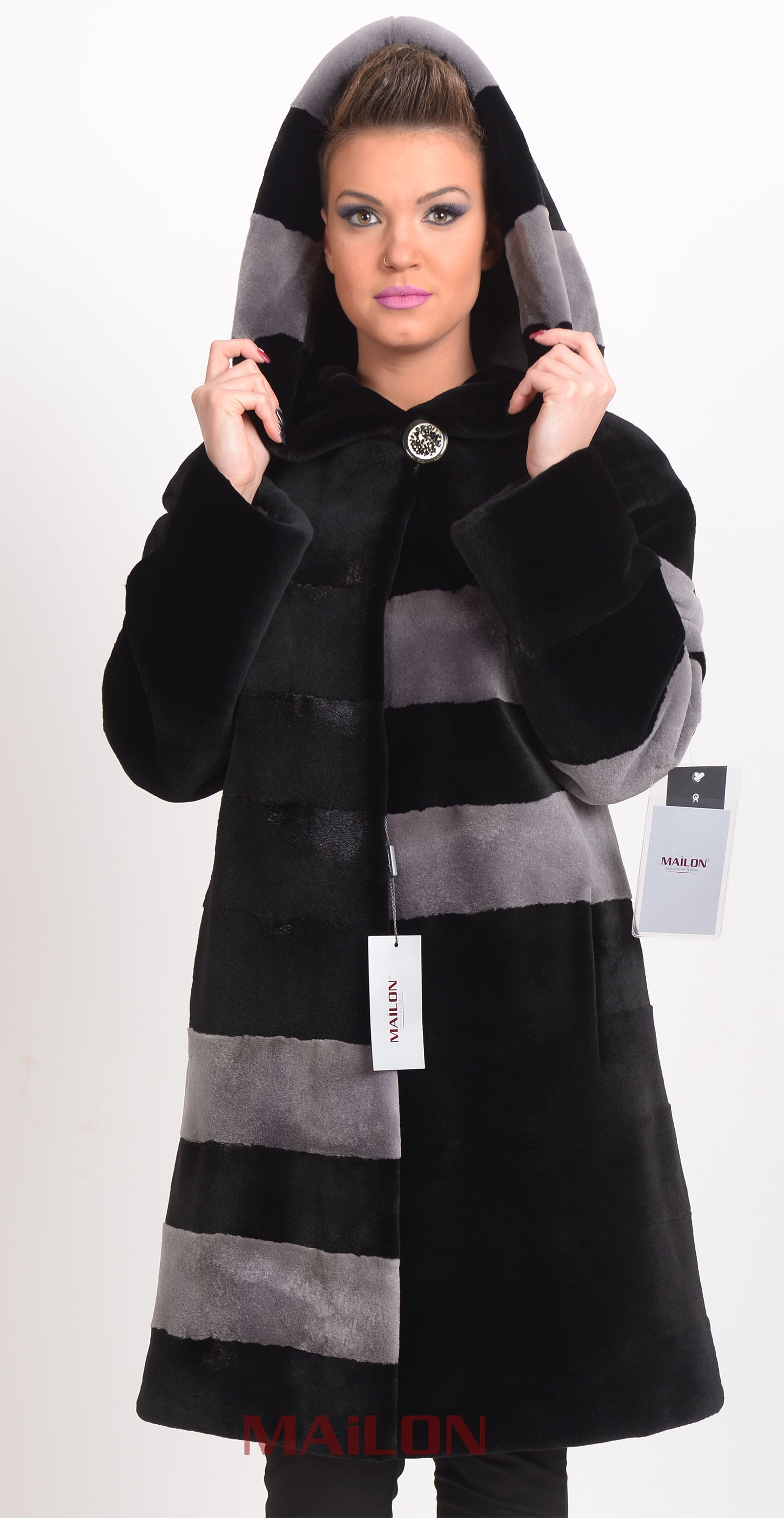 Sheared SAGA Mink Fur Coat Park Hood with Blue Iris trim