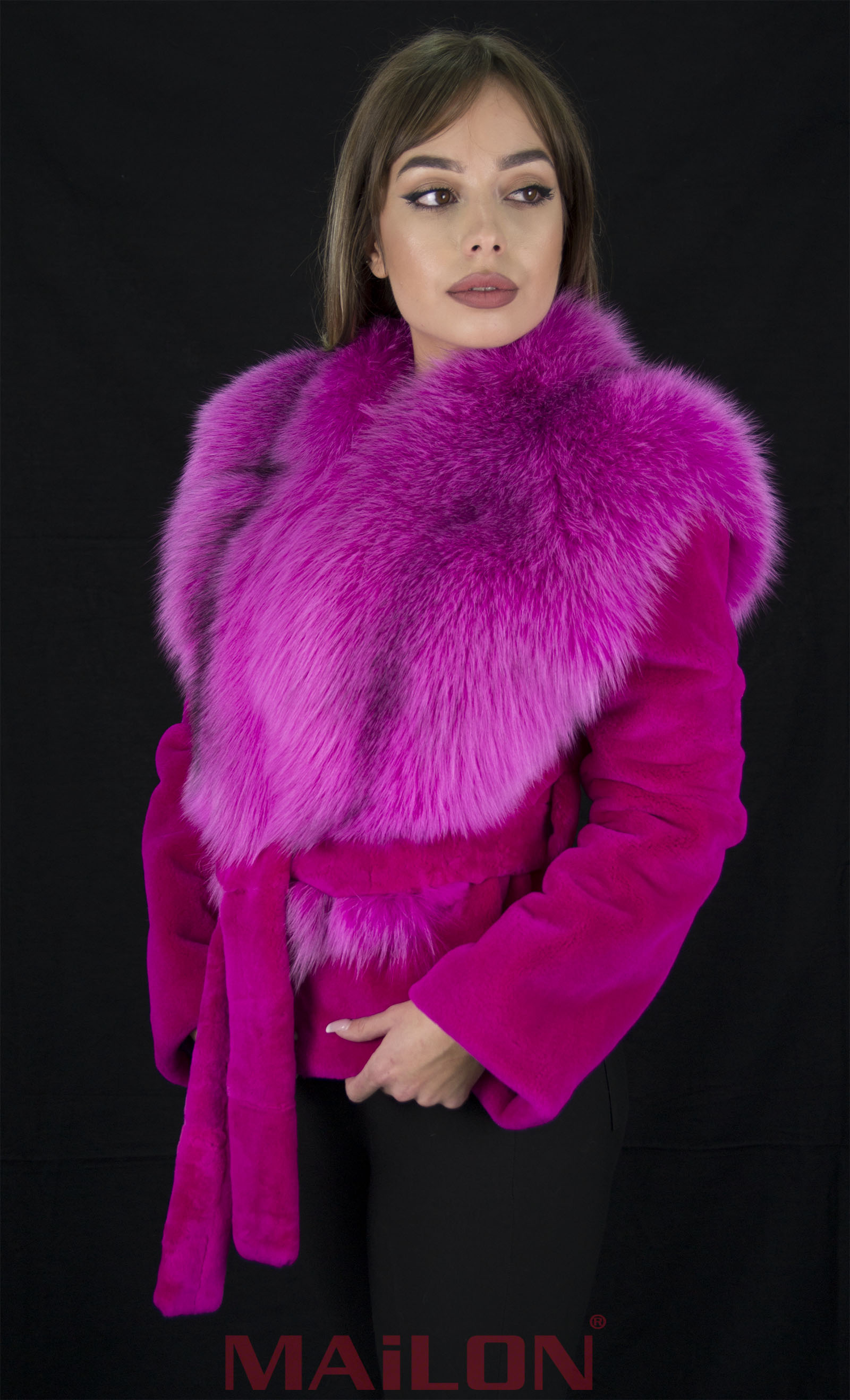 Fuchsia (Hot Pink) mink Jacket with dyed Arctic Marble Fox collar