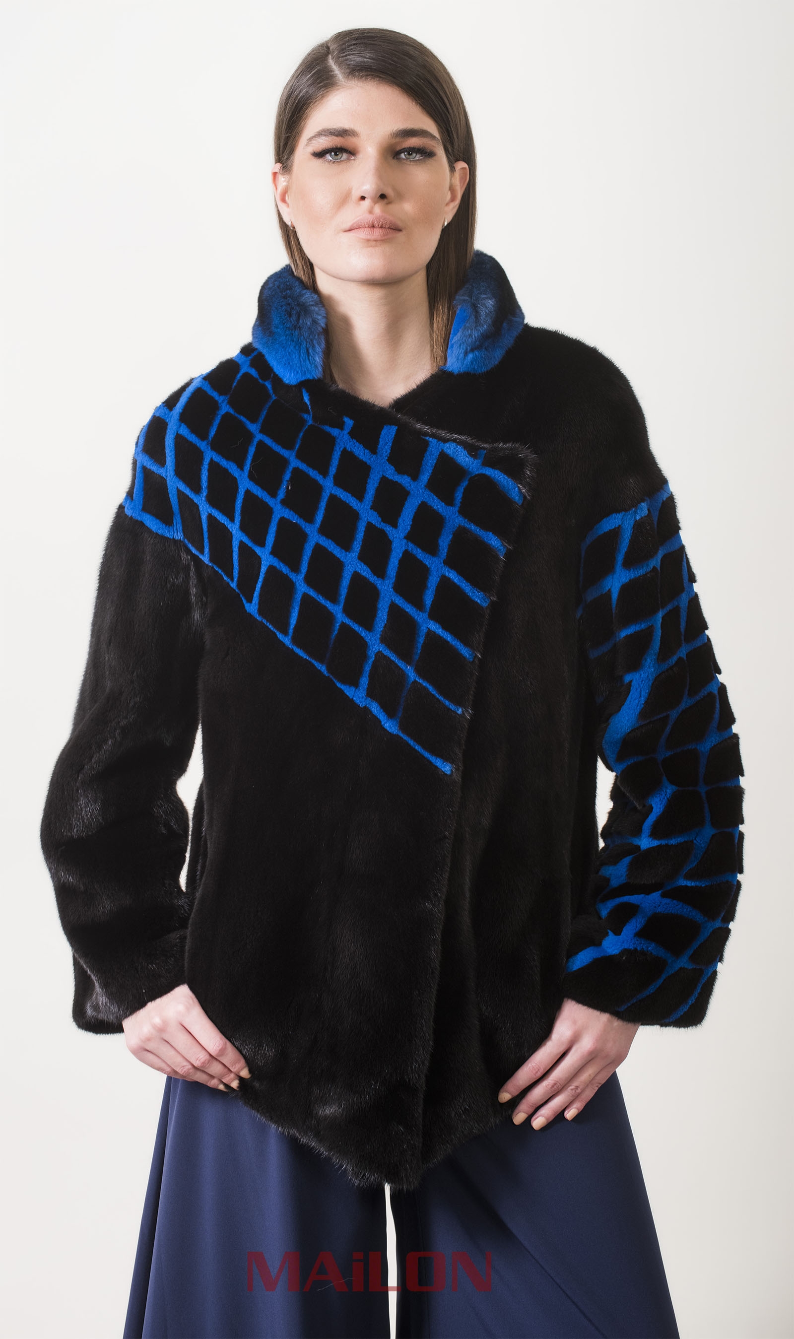 SAGA Black Mink fur jacket with blue mink rhombus pattern and blue chinchilla collar