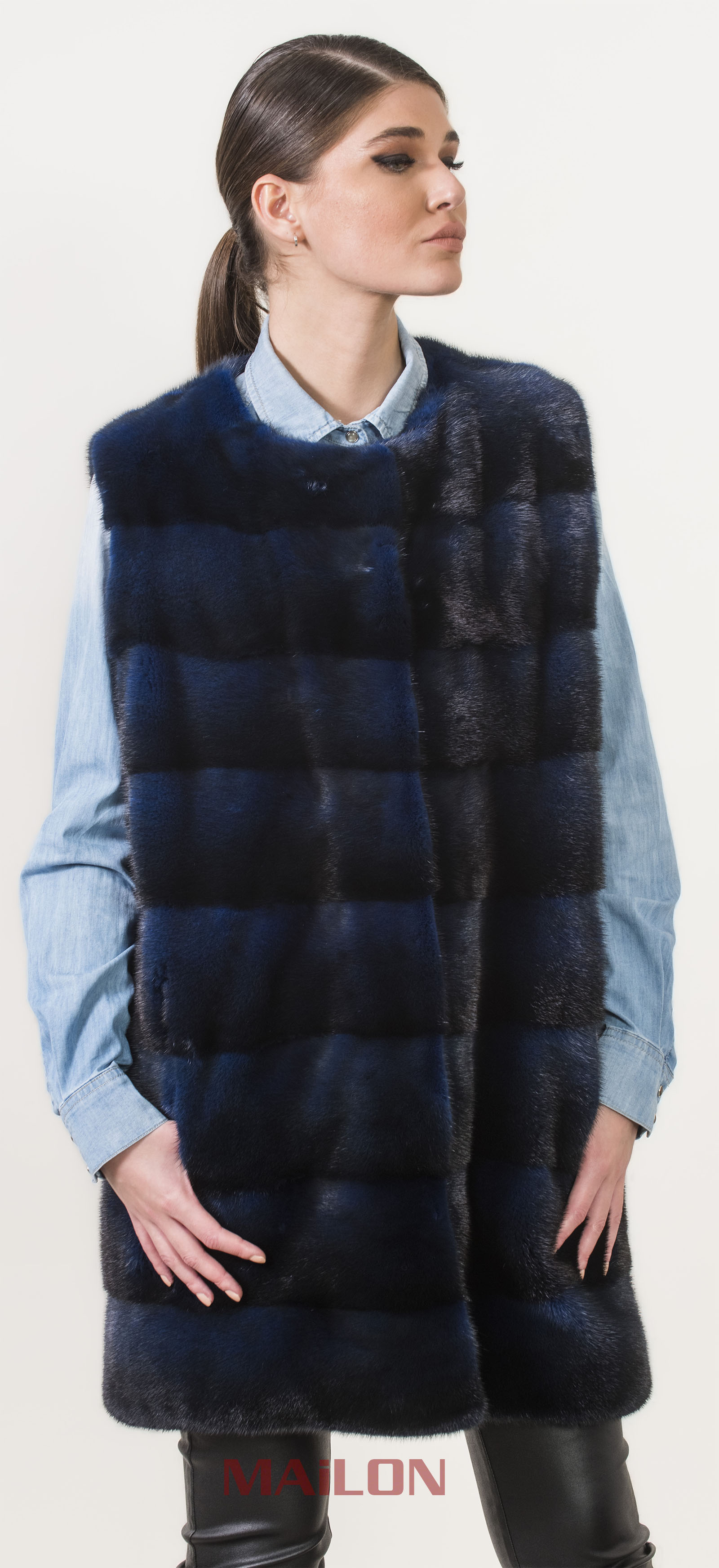Dyed Blue Mink Long Vest with pelts across & chanel collar
