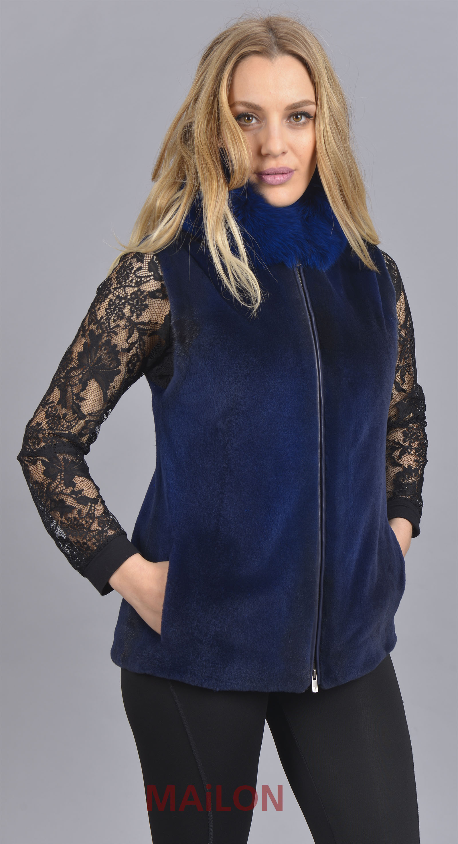 Sheared Blue Mink Fur Vest with Fox collar - Size Small