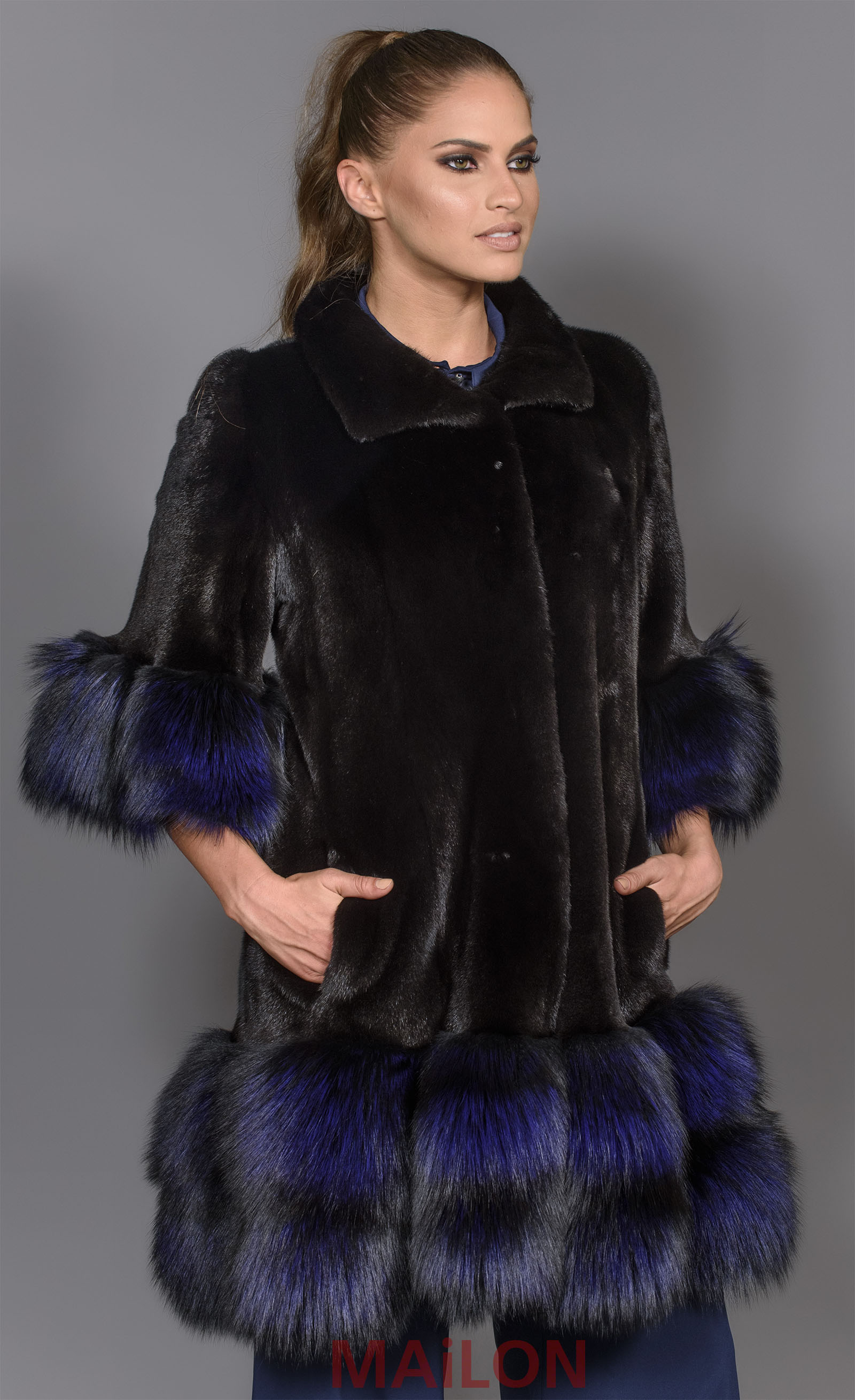 SAGA Black Mink Jacket Coat with Purple Fox