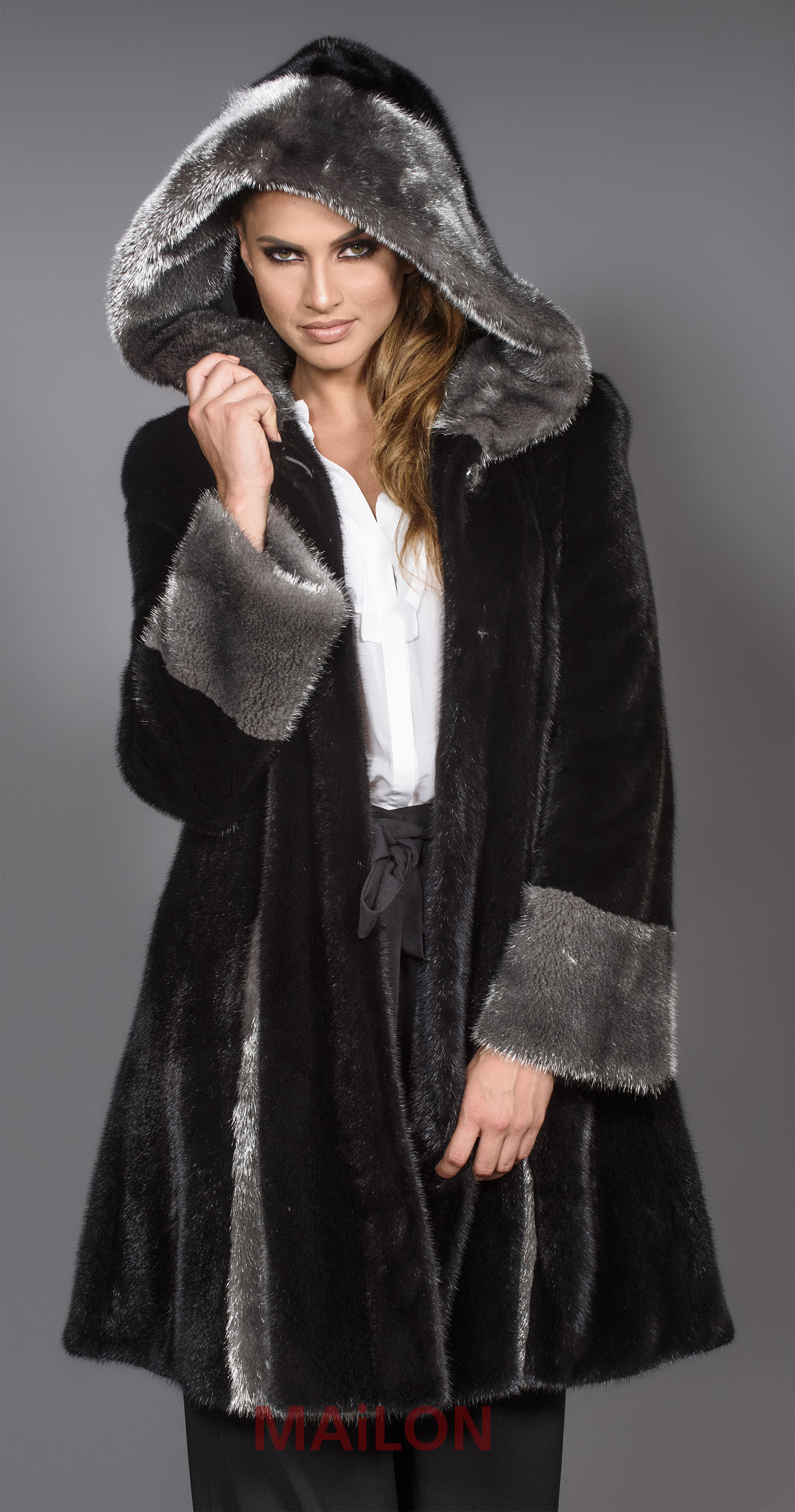 Hooded Black Mink fur coat with Silver Metallic color