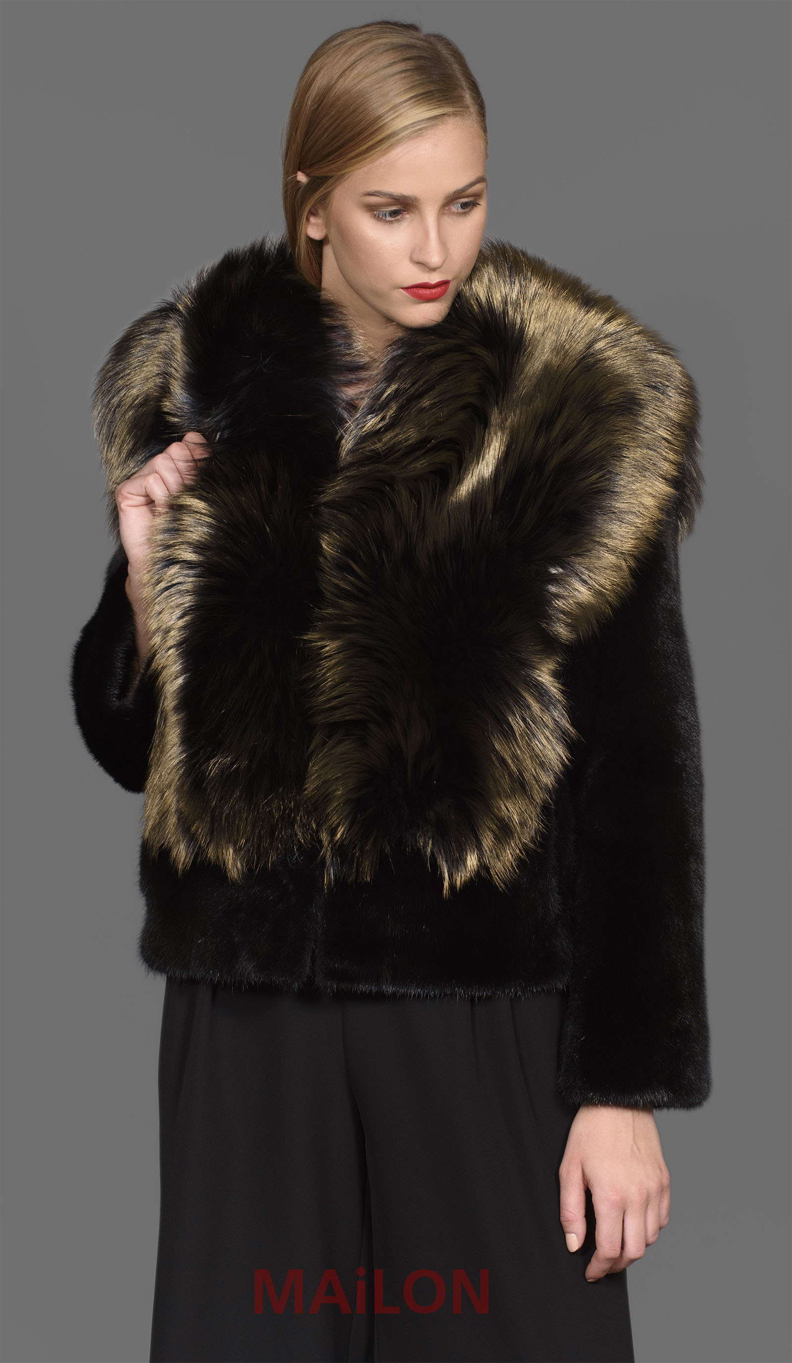 SAGA Black Mink fur jacket with Bronze Gold Metallic Fox