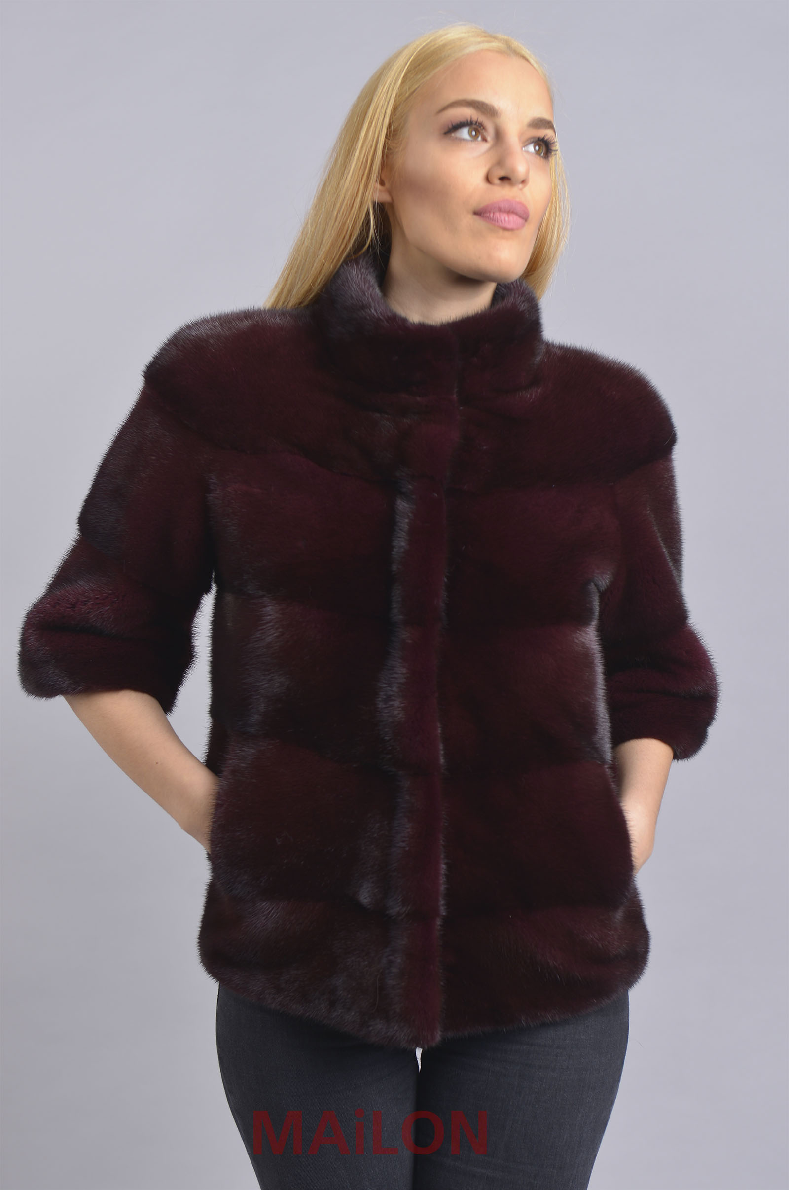 SAGA ROYAL bordeaux maroon mink short fur jacket, half sleeve 