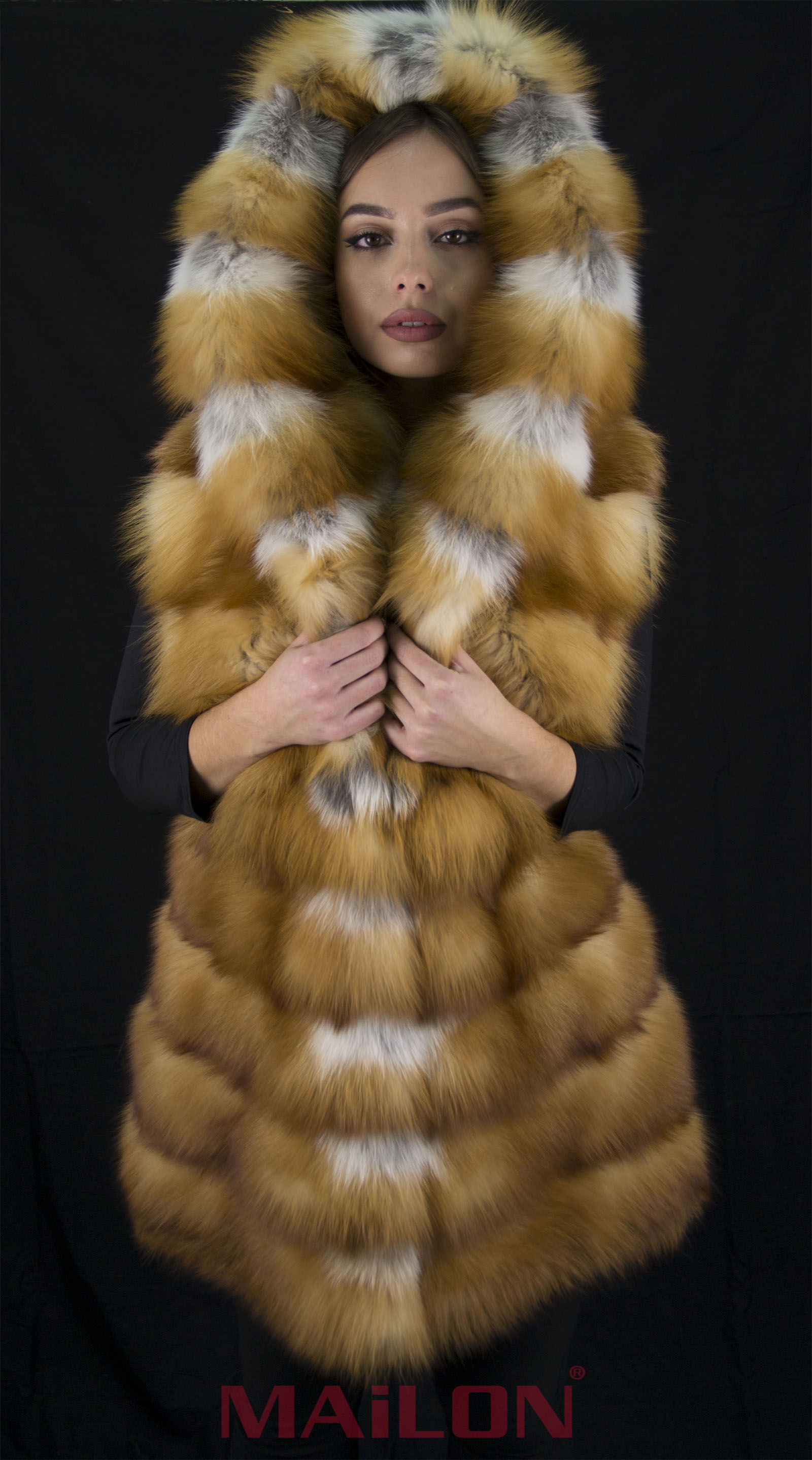 Hooded Canadian Red Fox Fur Long Vest 