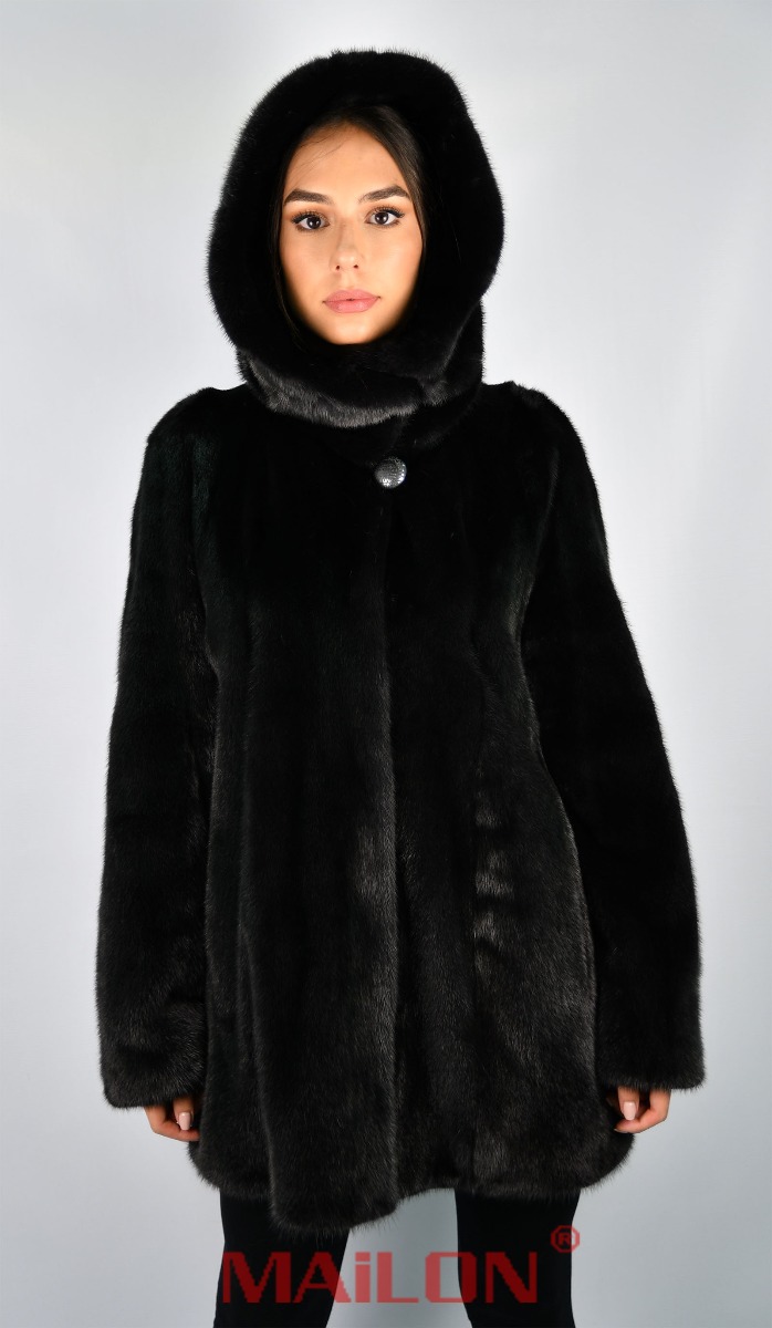 Hooded Black SAGA ROYAL mink fur jacket parka