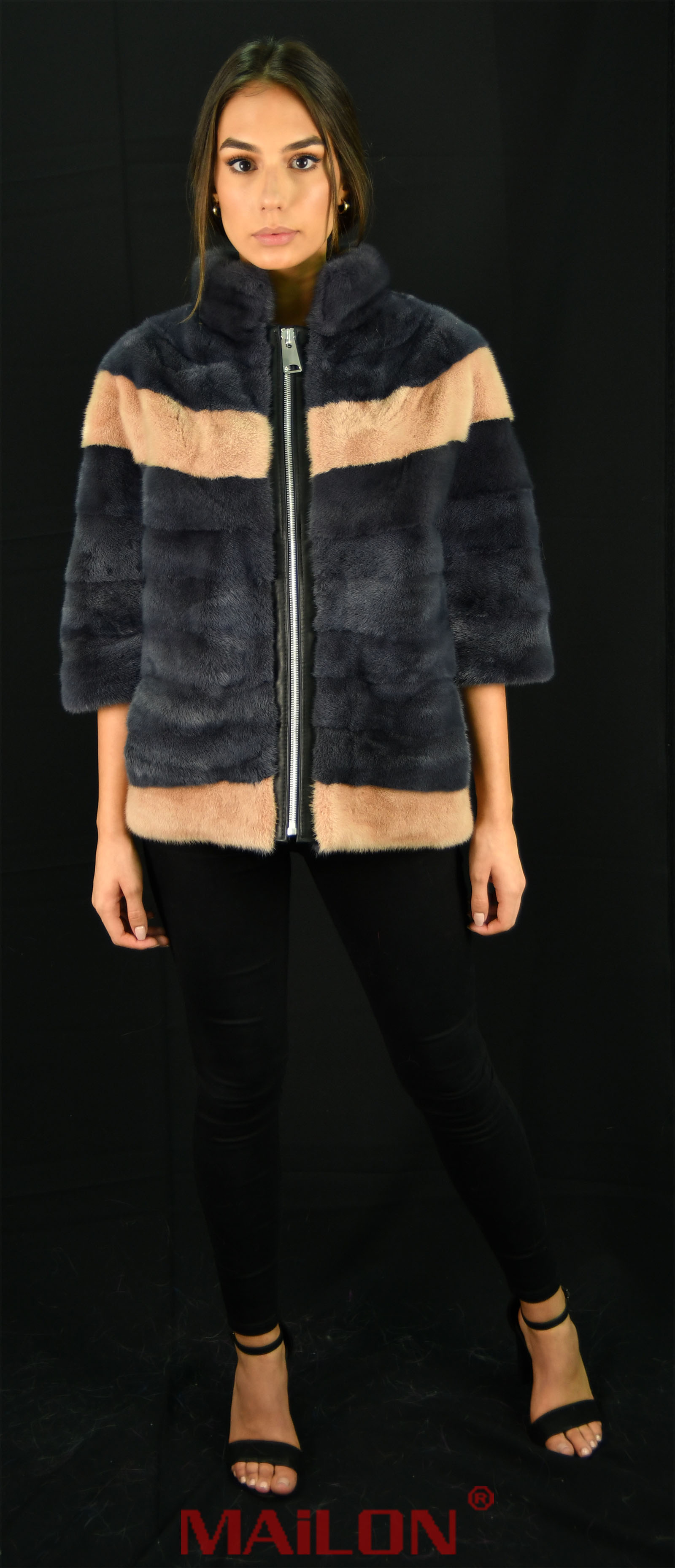 Grey & Beige SAGA mink fur jacket with zipper -Size Medium EU42 UK12 US8