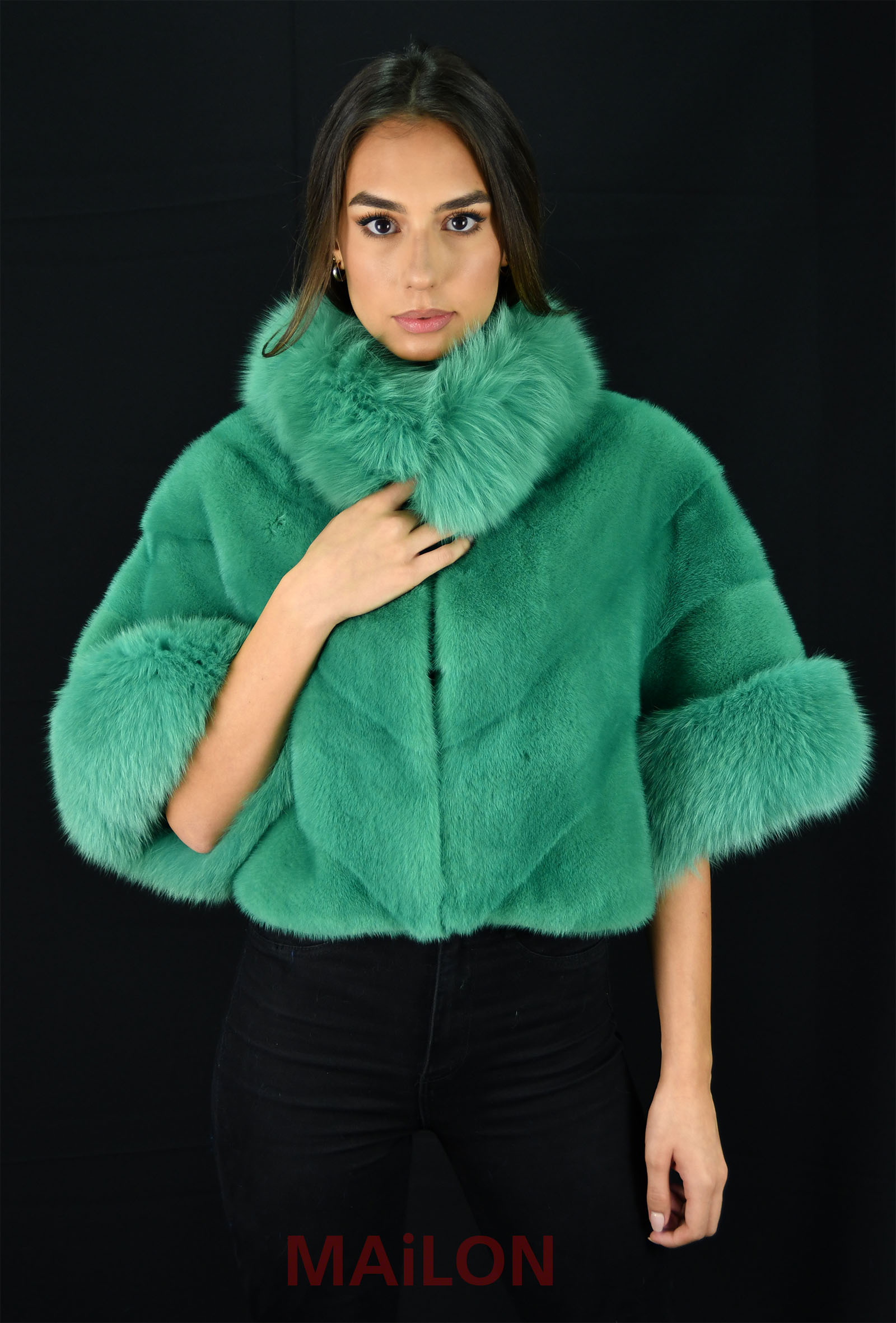 Green Mink Jacket with pelts across and fox collar