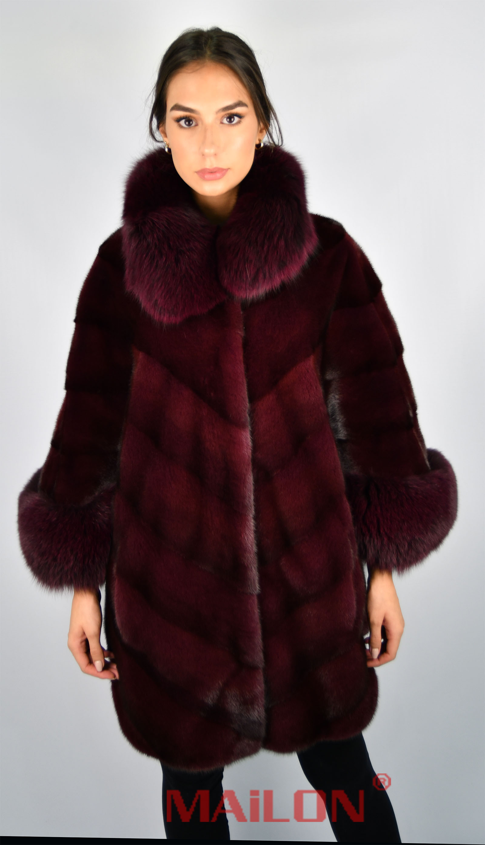 Burgundy maroon  SAGA ROYAL mink coat cape with Fox trim