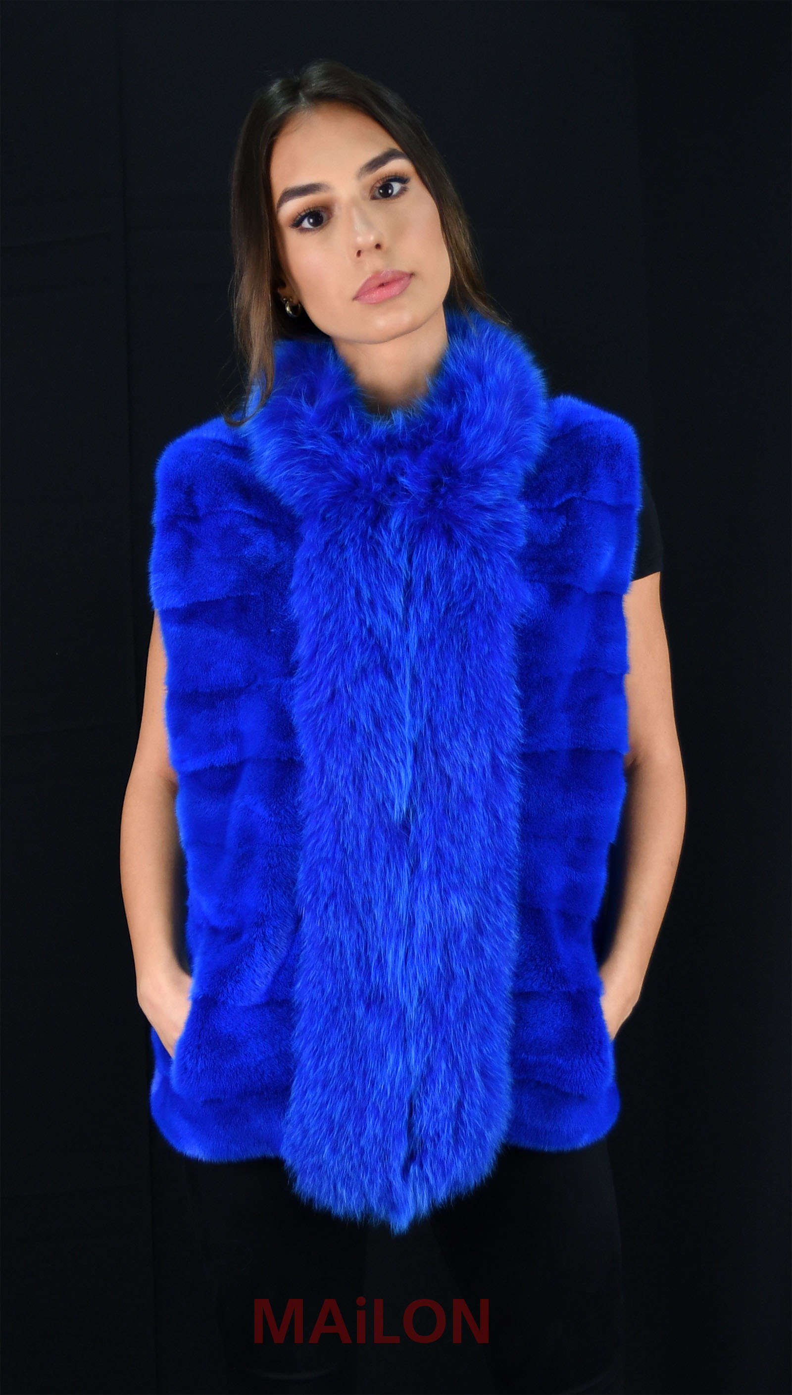 Dyed Blue Mink Vest with fox collar & tuxedo