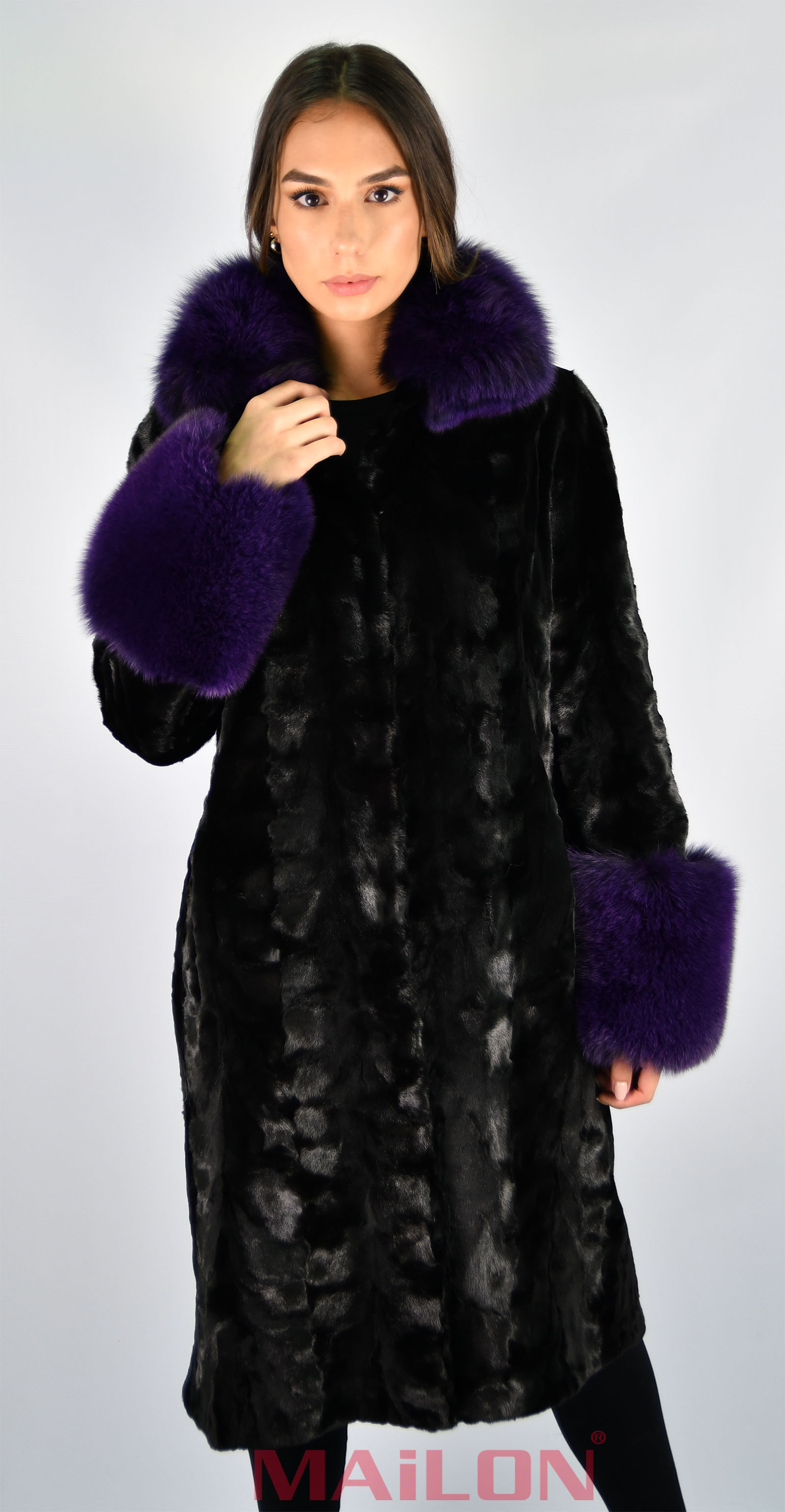 Black mink pieces coat with Purple Fox Fur