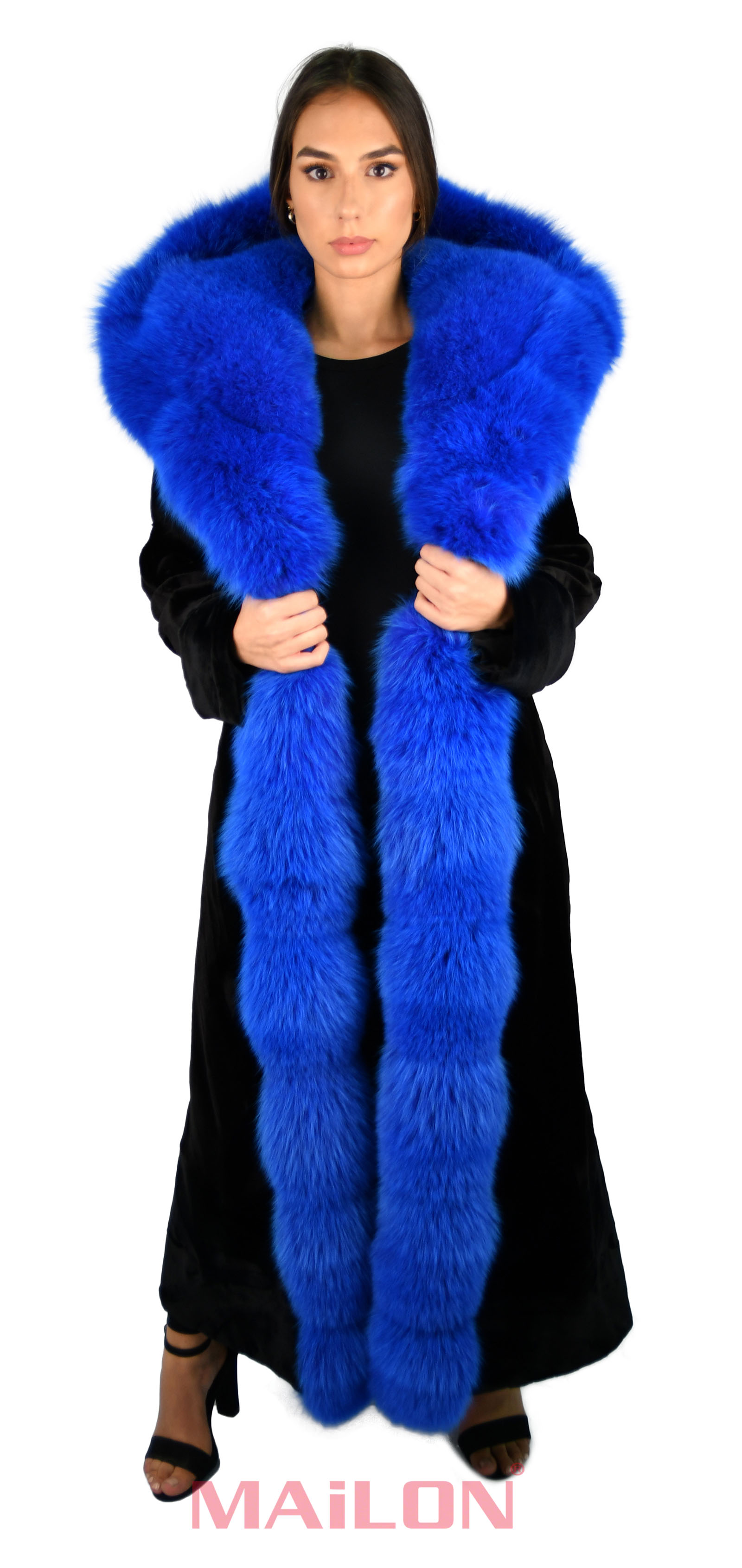 Black mink pieces full length coat with Dyed Blue Fox Fur Hood & Tuxedo