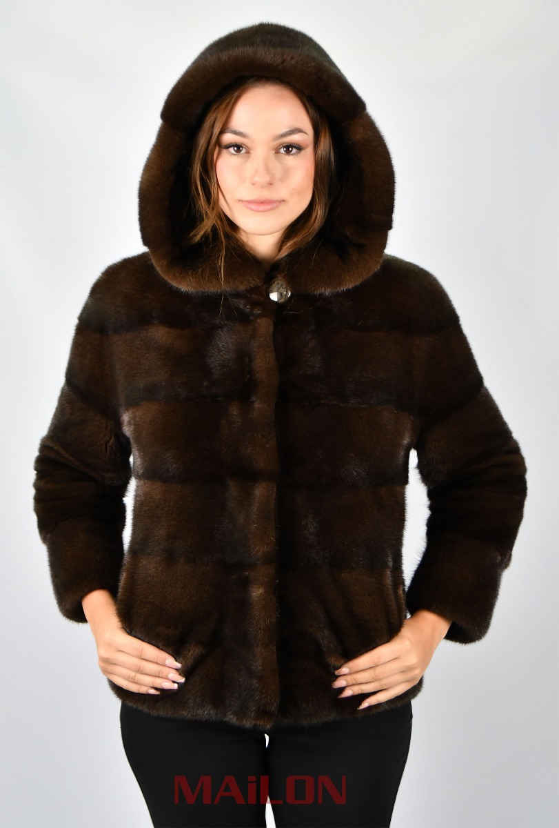 Hooded SAGA ROYAL Mahogany Mink fur jacket - pelts across - Size XS