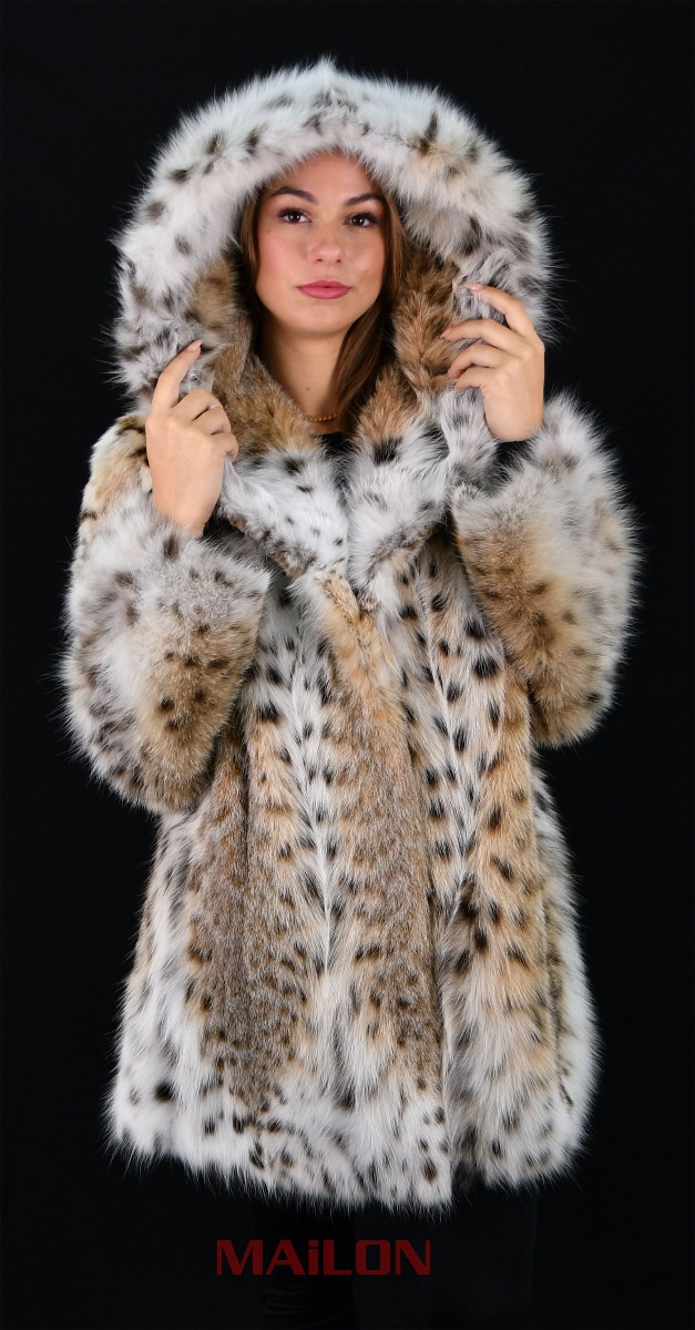 Hooded Canadian Lynx cat (Bobcat) Fur jacket CITES