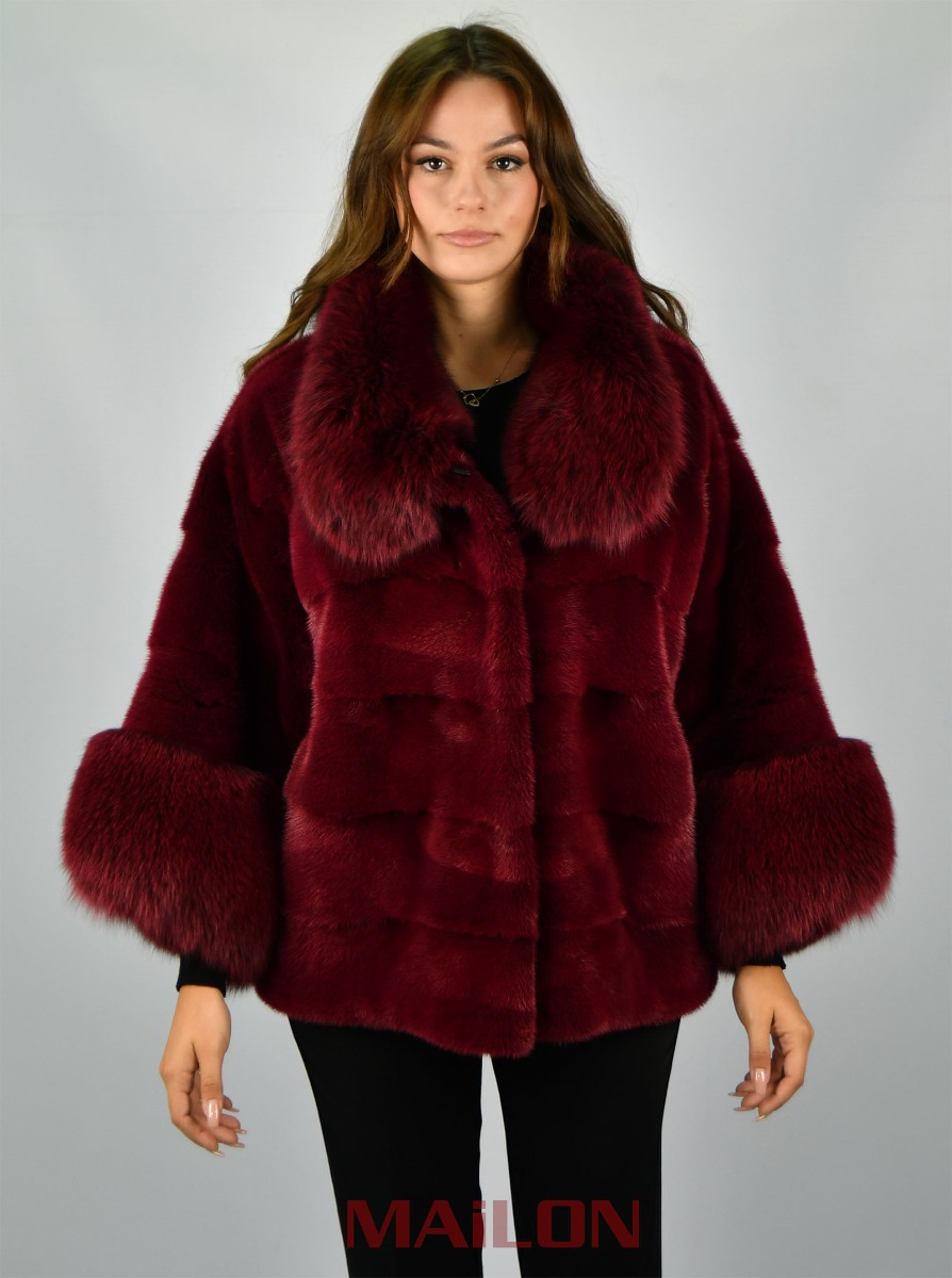 Burgundy SAGA ROYAL mink jacket cape with Fox trim