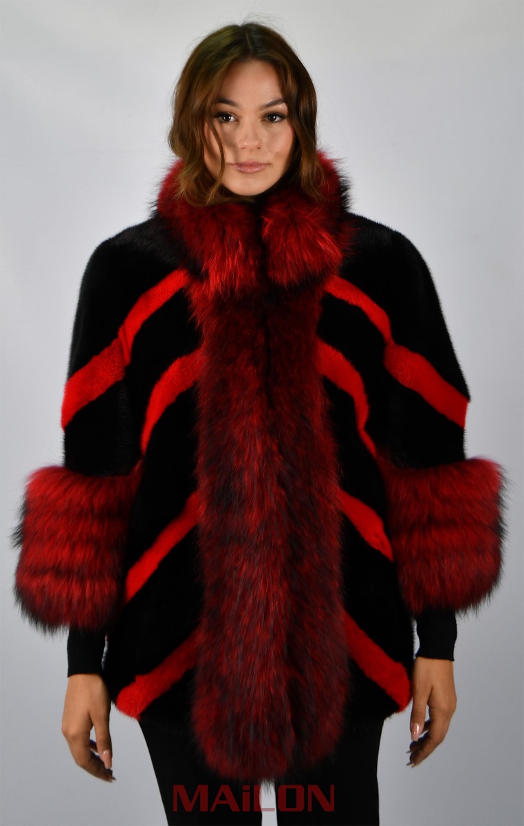 Black and Red SAGA ROYAL mink jacket cape with Fox trim