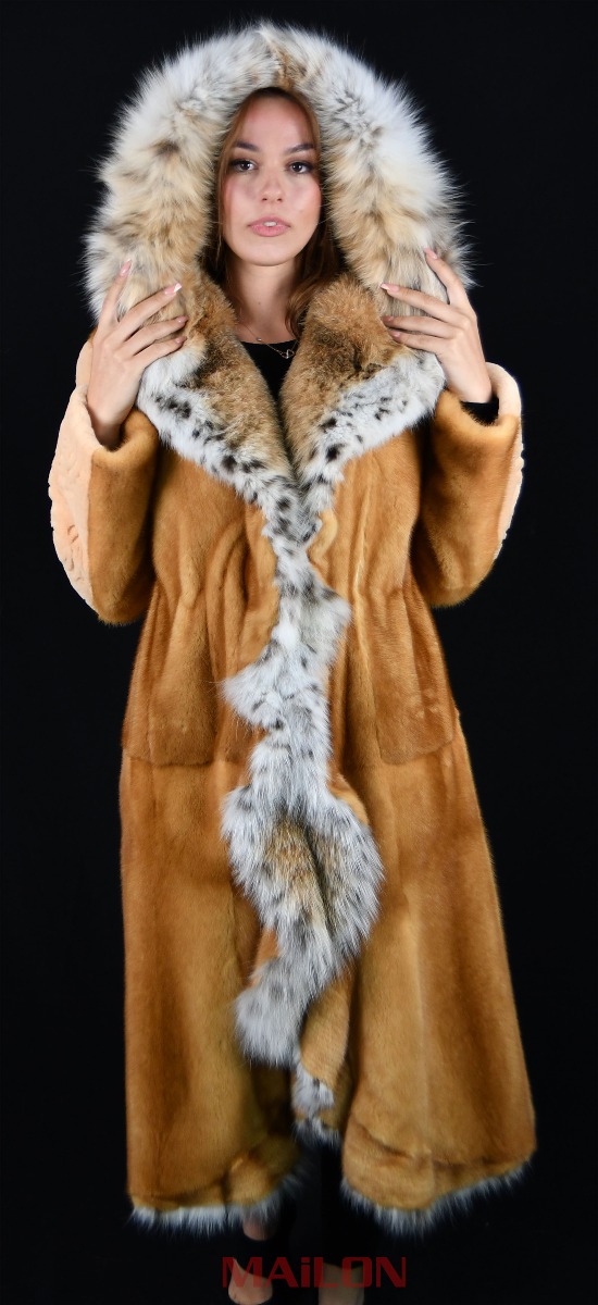 Golden Mink coat with full skin Lynx hood and tuxedo - Size Large