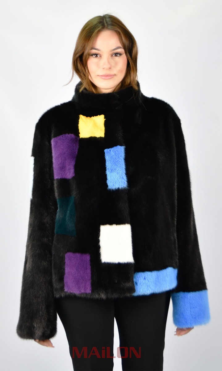 SAGA Black Mink fur jacket with colorful details - Size Medium