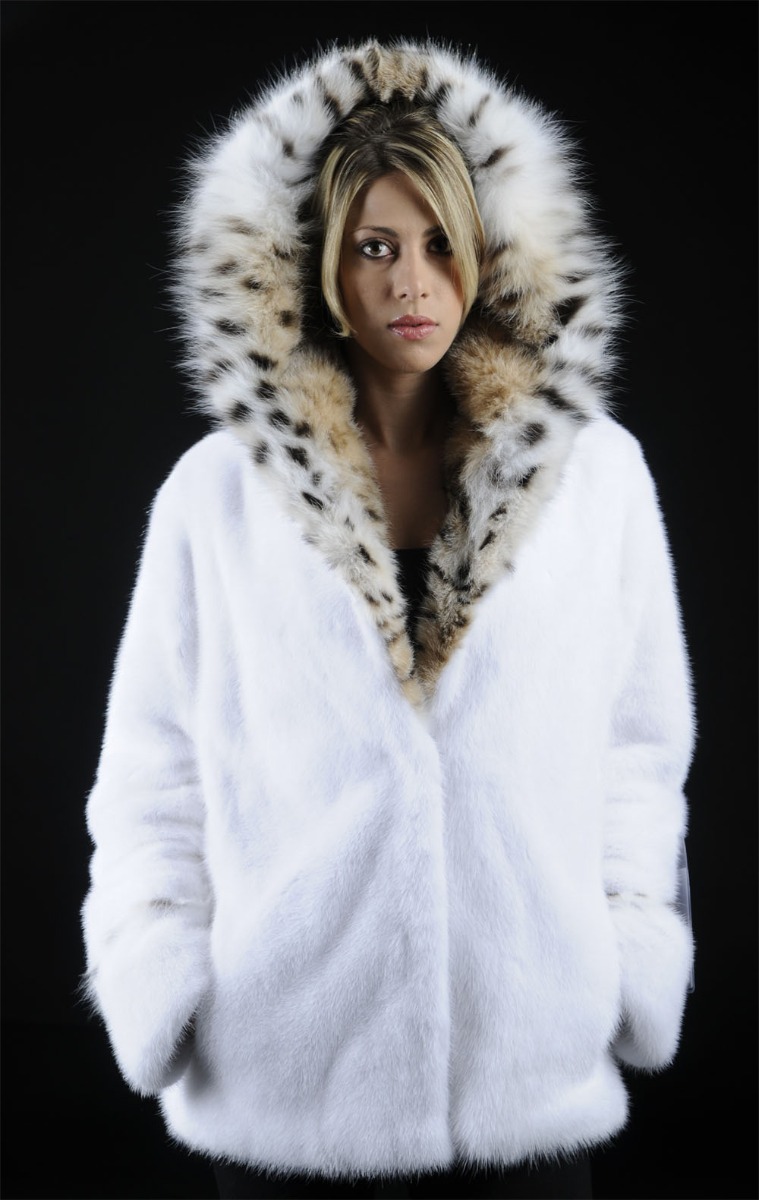 White Mink Fur jacket with Lynx hood