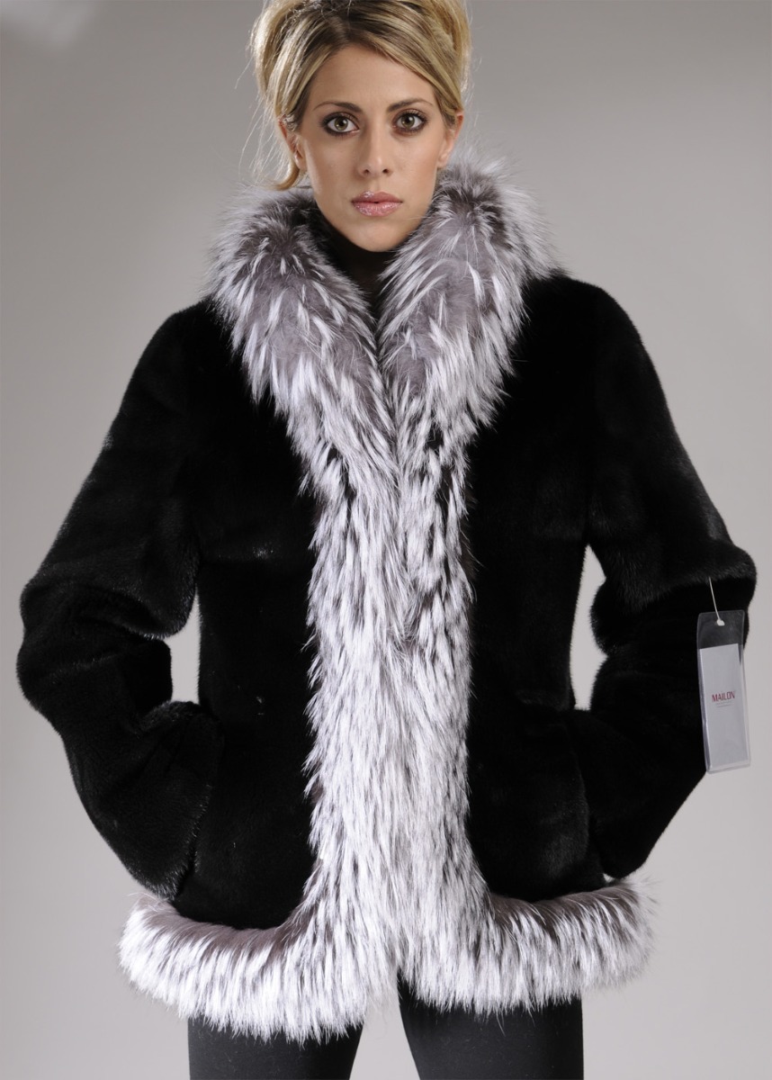 Black mink fur jacket with Platinum Fox trim