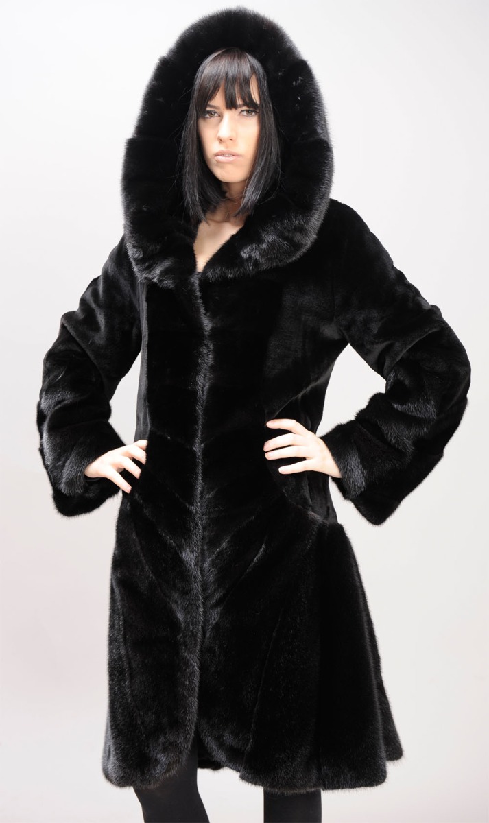 Sheared hooded mink coat with unsheared front, hemline & sleeve