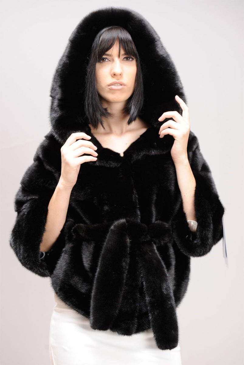 Hooded Black Mink Fur cape with attached fur belt