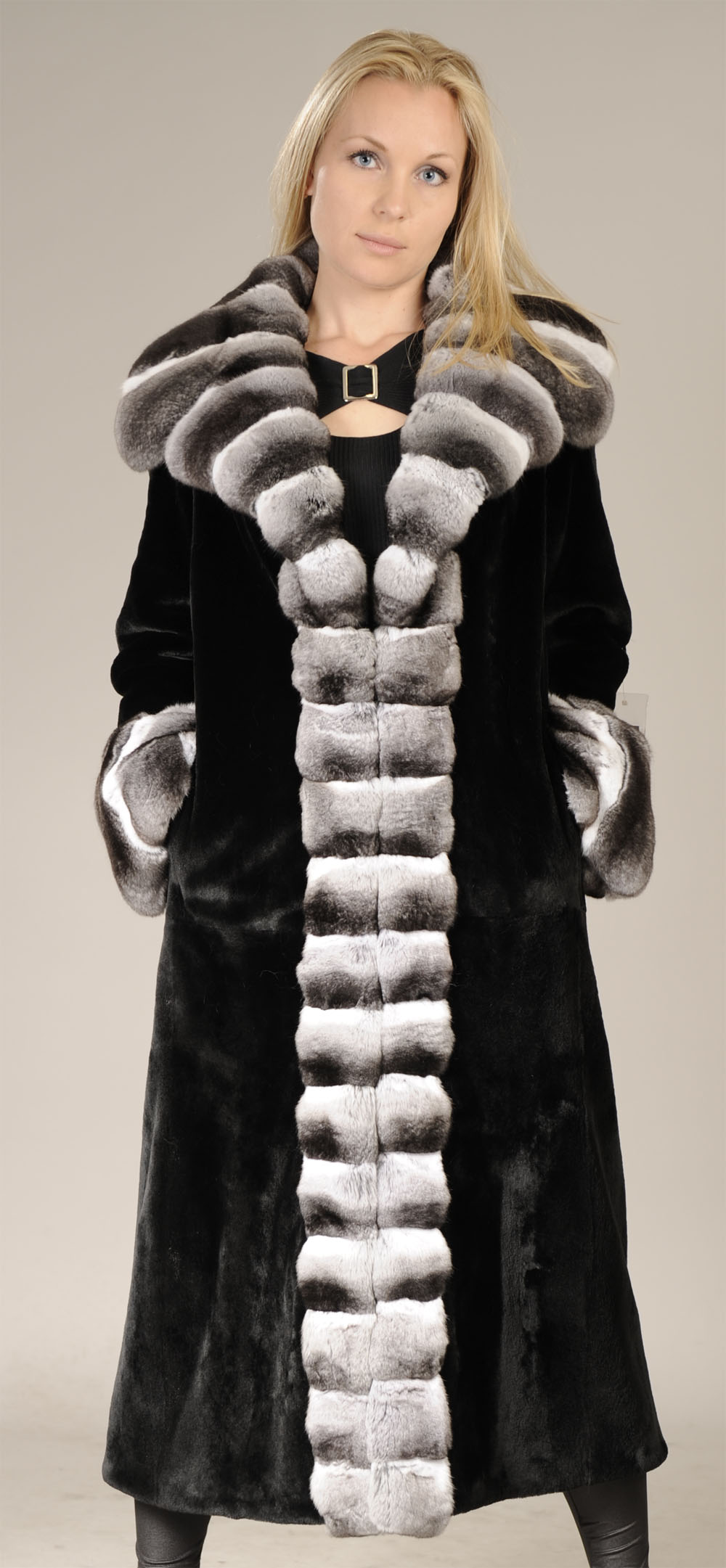 Sheared Black Mink Fur Coat with Chinchilla collar and trim