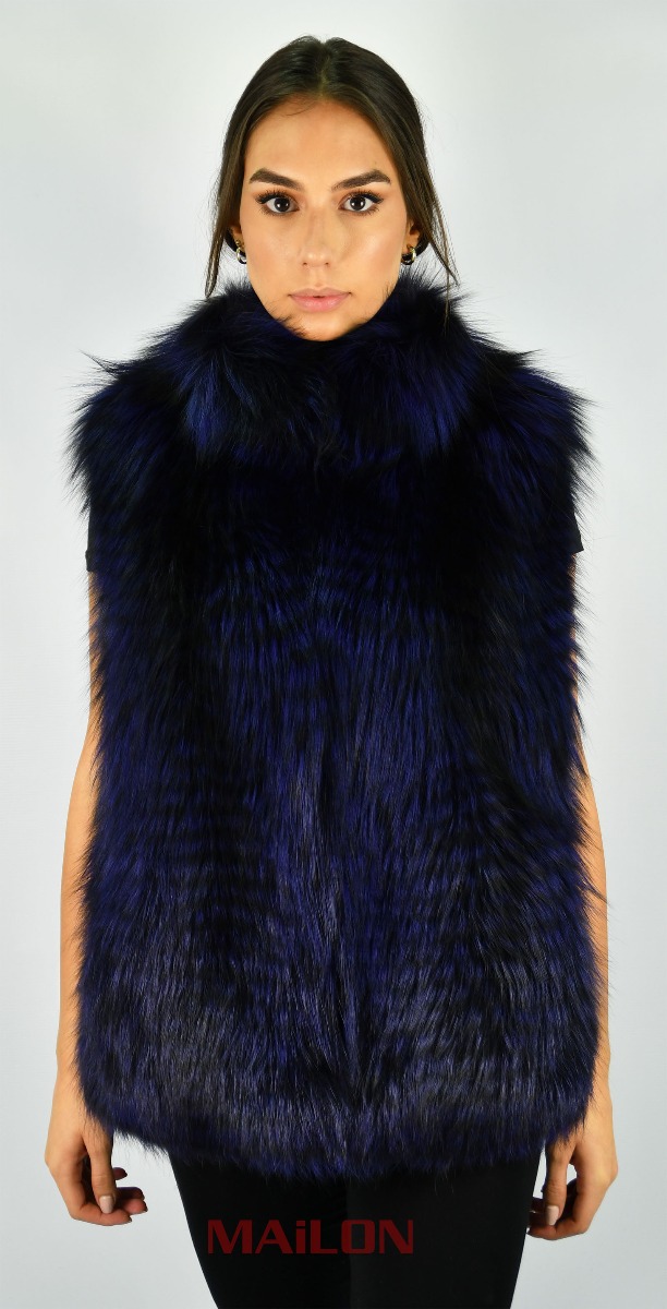 Dark Blue SAGA Feathered Fox fur vest