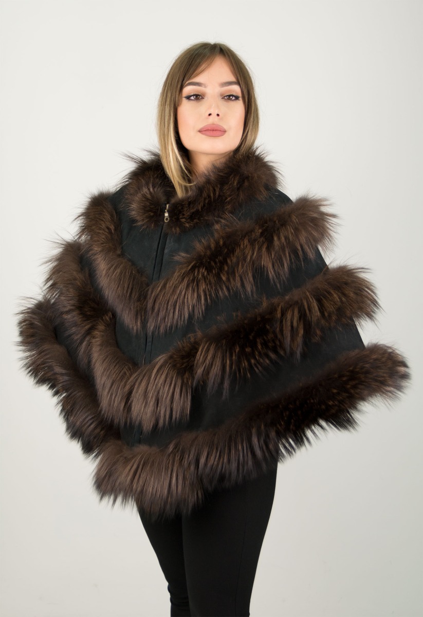 Brown SAGA Fox Fur Cape with Black suede leather – One Size Fits Most