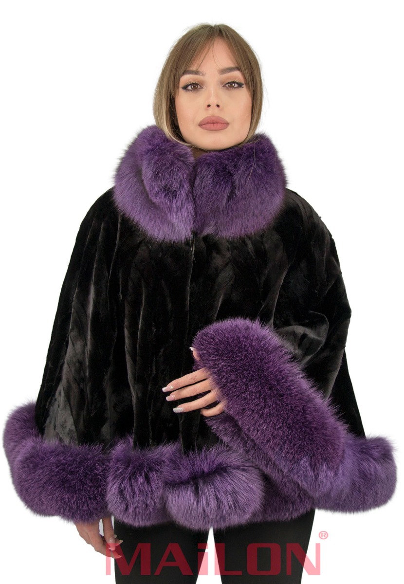 Sheared Black Mink Pieces (Scrap) Cape with Purple Fox trim - One Size