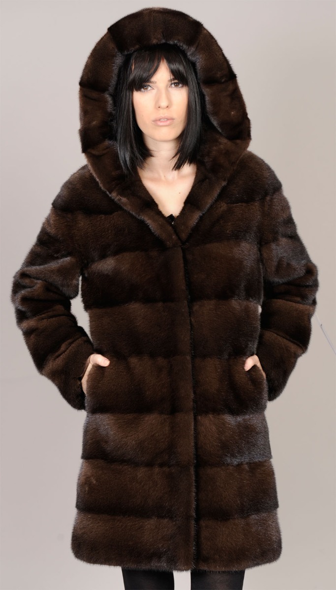 Hooded Demi Buff brown Mink jacket with pelts across