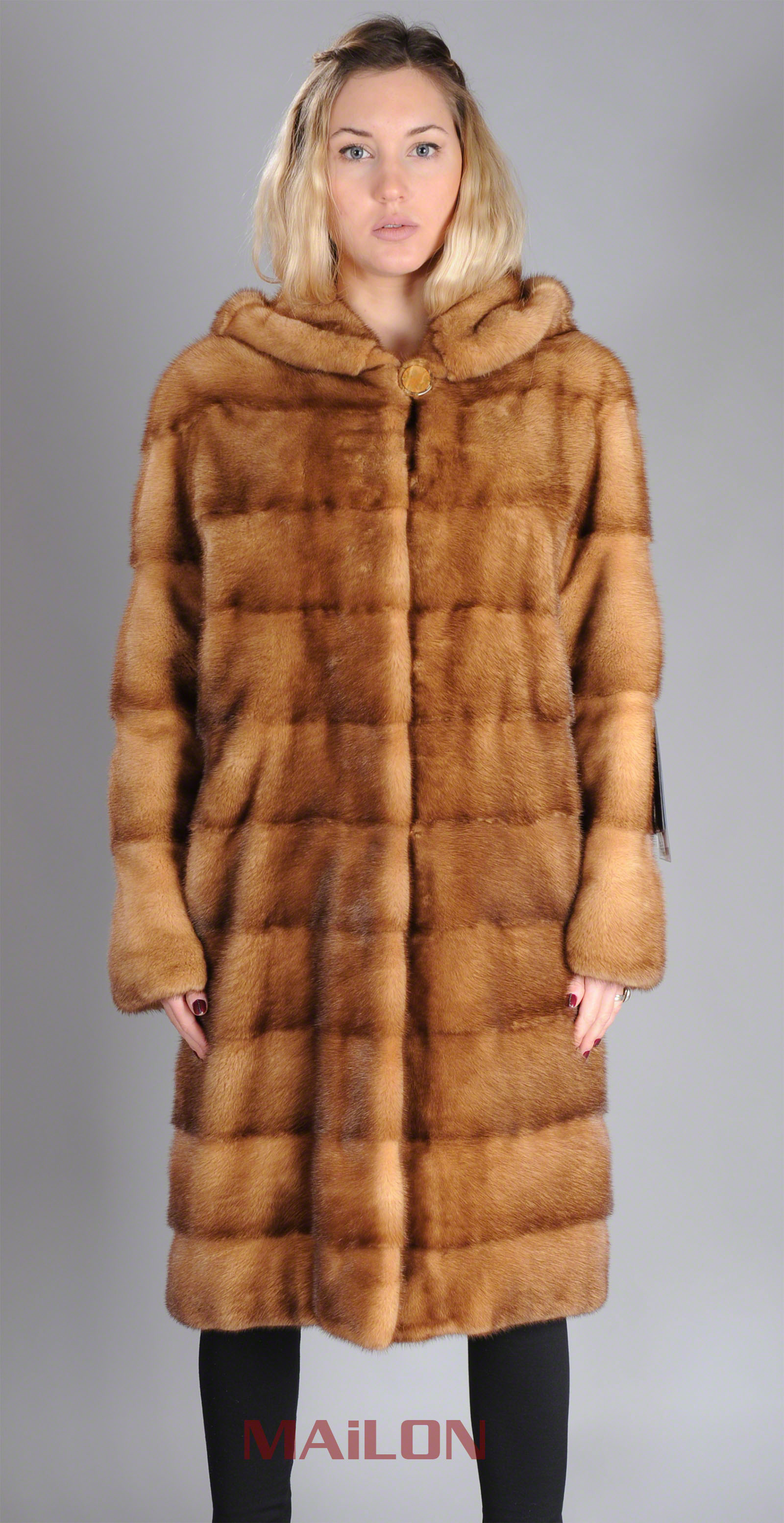 Hooded Golden Whiskey Mink Fur Coat Parka w pelts across