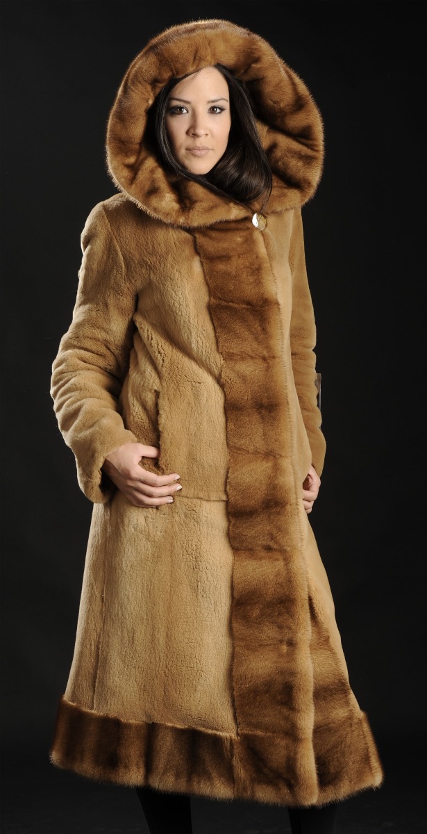 Hooded sheared Whiskey Mink Fur coat - unsheared toxedo