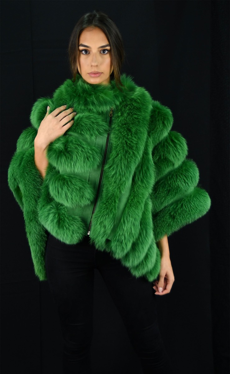 Green SAGA Fox Fur Cape with Suede Leather - One Size fits most