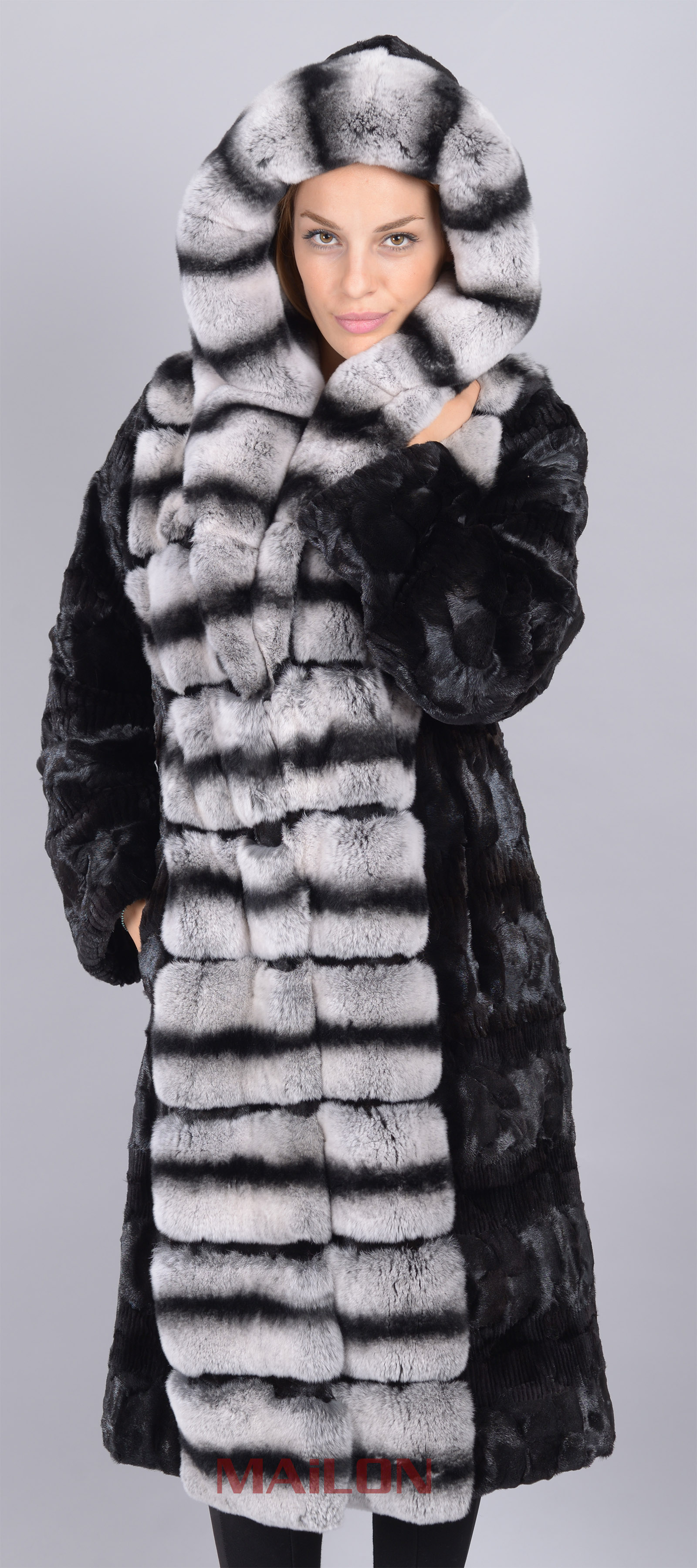 Black mink pieces coat - Rex rabbit trimmed hood and tuxedo