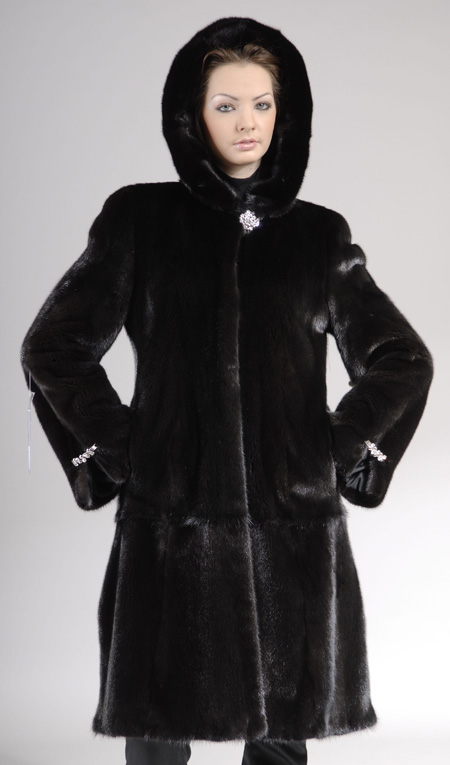 Hooded Black Mink coat, knee length