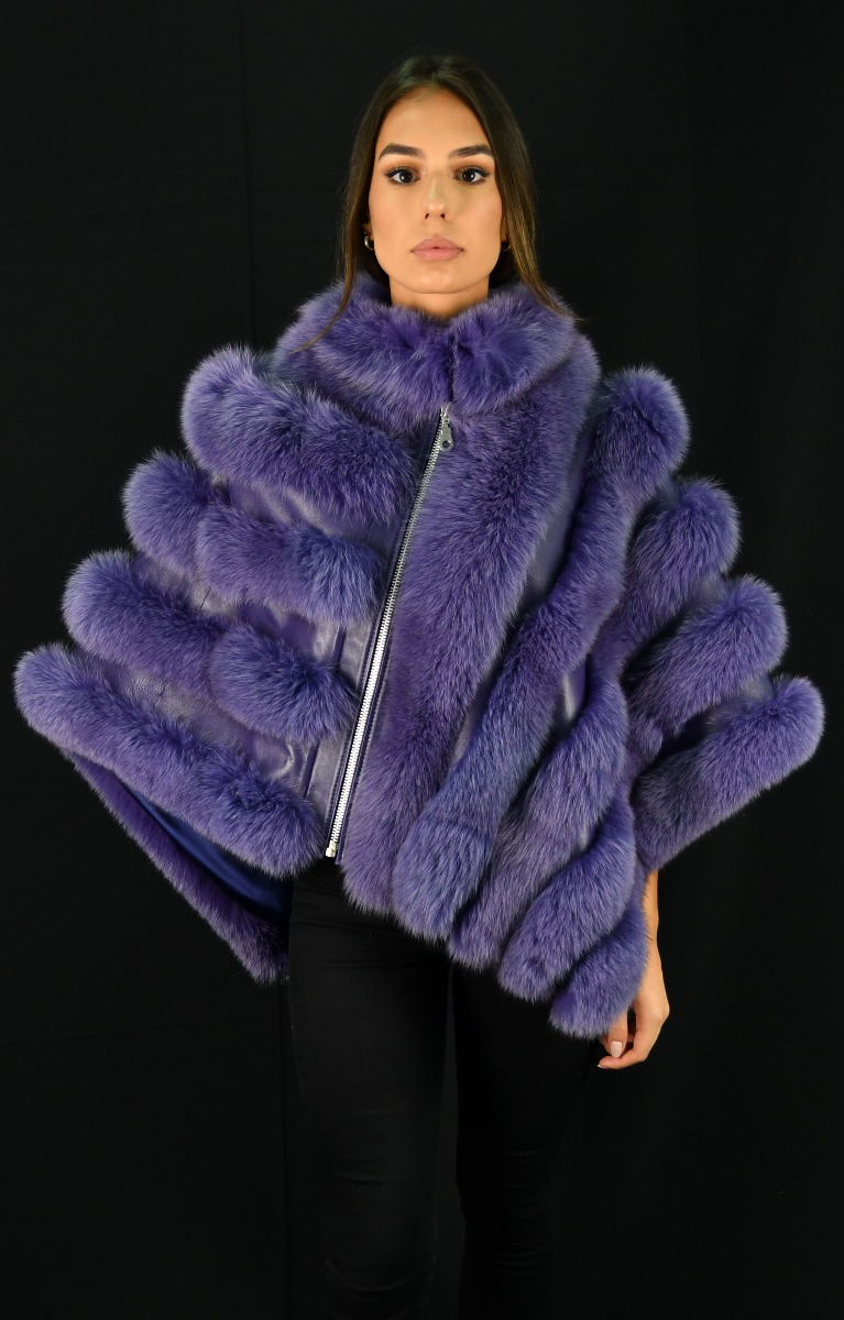 Mauve SAGA Fox Fur Cape with Leather - One Size fits most