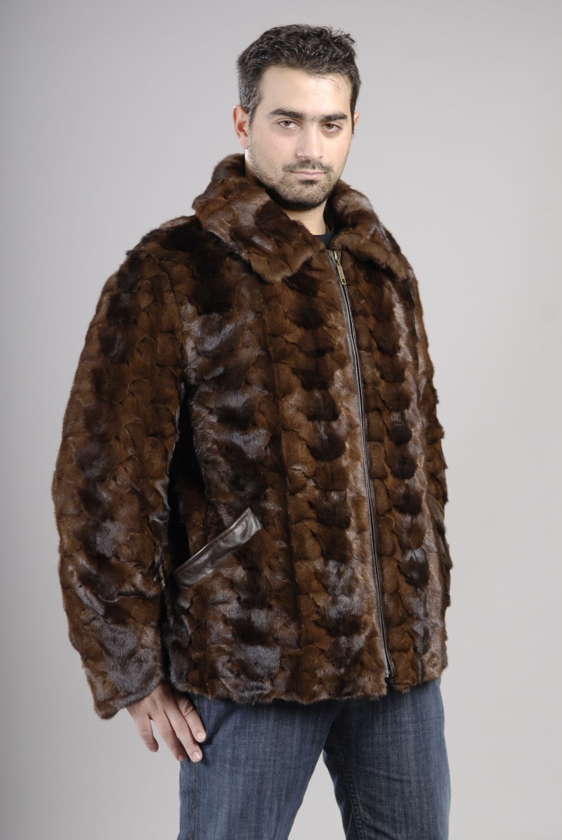  Mens Brown Mink Bomber Jacket made of mink pieces