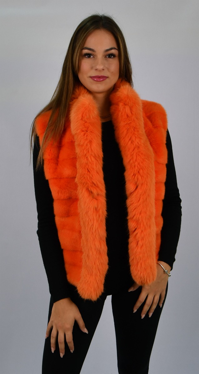 SAGA ROYAL Orange Mink Fur Vest with Fox Trim - Size Small/Medium