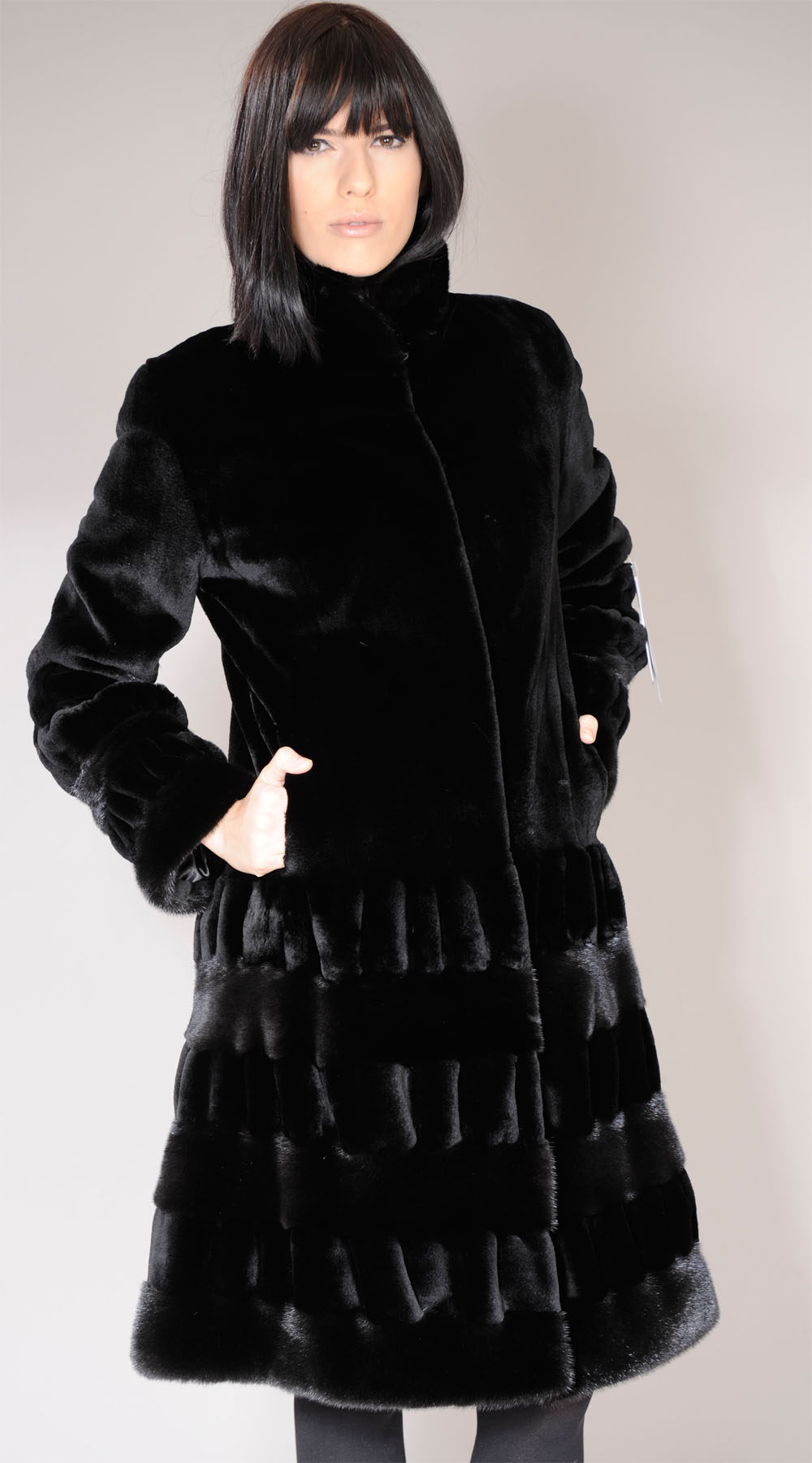 Sheared Black mink fur coat with unsheared pleats