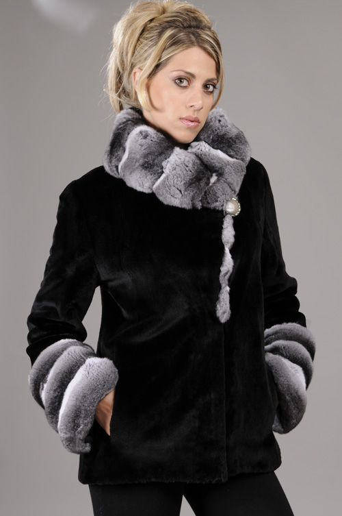 Sheared black Mink Fur Jacket with chinchilla collar and cuffs